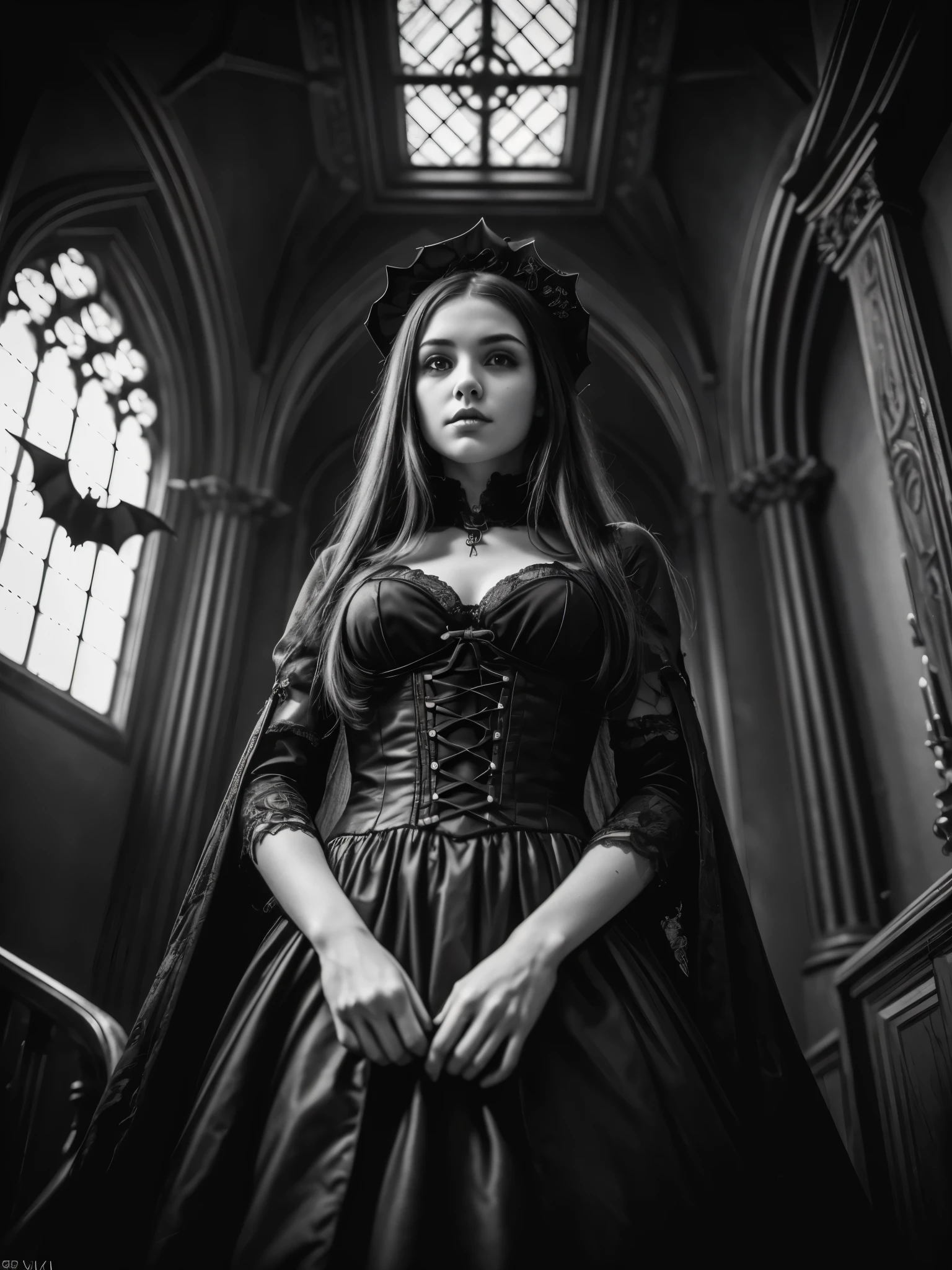 (masterpiece:1.3), (8K、photorealistic, Raw photo, best quality:1.4), (monochrome, Sepia tone, Scratching of the film), (solo), (One 16 year old British girl), (beautiful face:1.2), (Beautiful face with perfect symmetry:1.2), (cute face:1.3), (perfect anatomy:1.2), (high detail skin: 1.2), (decadent, mysterious, heretical), (gothic rock), (subculture), (gothic fashion), (Vampire Dracula), (Gothic lolita style girl), (gothic architecture), (Symmetrical design), (A vampire girl stands in the center of the hall.:1.2), (There are many bats flying around the girl.:1.3), (Angle looking up at the ceiling of the hall from below:1.3), (decadent, mysterious, heretical), sharp focus, contrast lighting, high resolution 8k, crazy details, realistic, professional photography, 8k UHD, Single-lens reflex camera, soft light , high quality, film grain, Fujifilm XT3