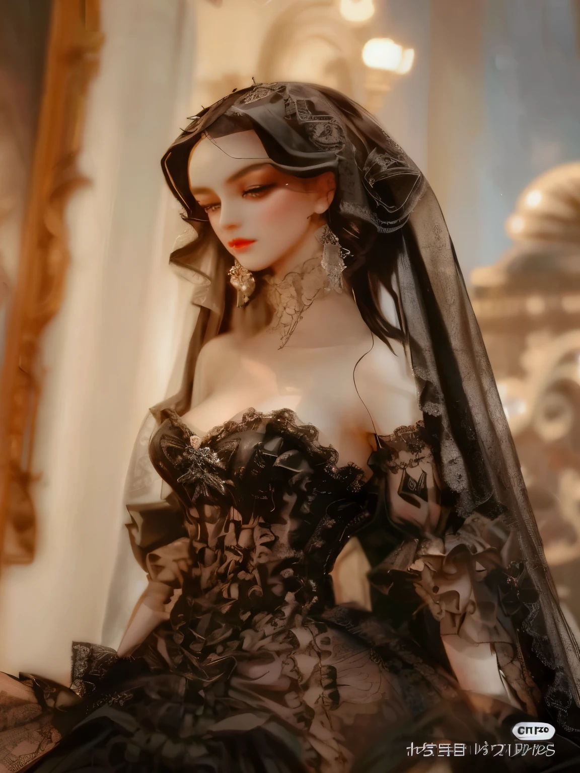 Close-up of doll wearing black dress and veil, ball jointed doll, Gothic and Baroque, Gothic billionaire, Elegant Gothic Princess, gothic art style, Elegant lady with alabaster skin, Beautiful and elegant demon queen, ebony rococo, dark and complex, art doll, Gothic aesthetics, black rococo, rococo cyberpunk, Neo-Gothic, rococo queen