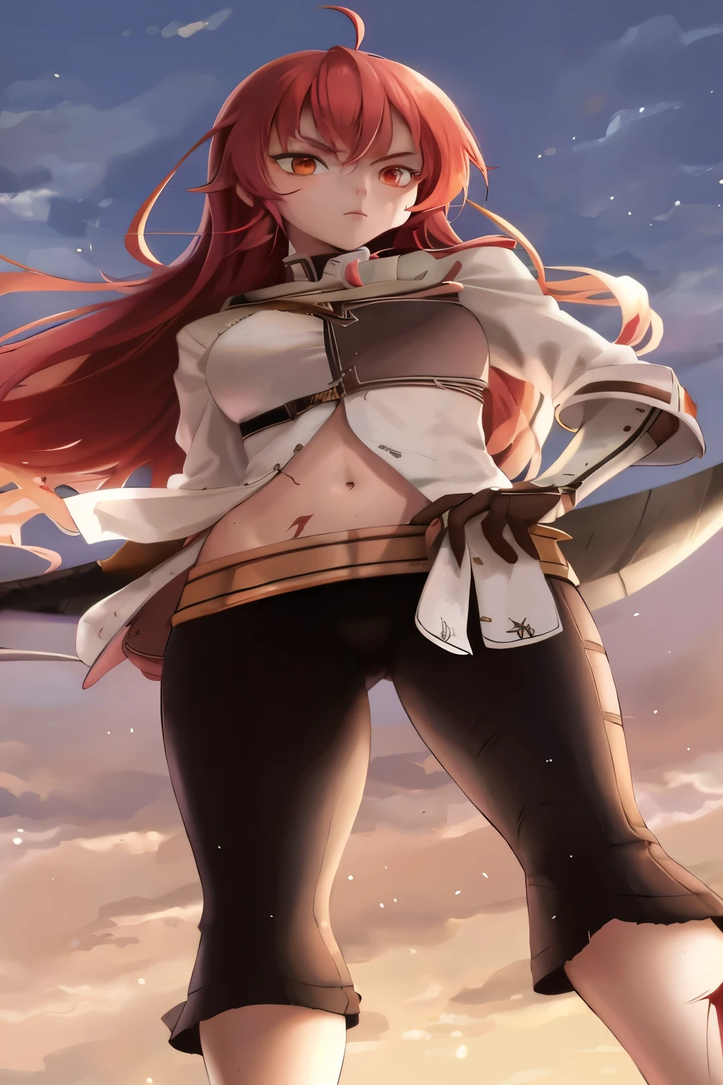 anime girl with red hair and a sword in her hand, female redhead templar, erza scarlet as a real person, she is holding a sword, holding a sword on her shoulder, female anime character, female protagonist 👀 :8, kurisu makise steins gate anime, female action anime girl, detailed anime character art, demon slayer rui fanart
