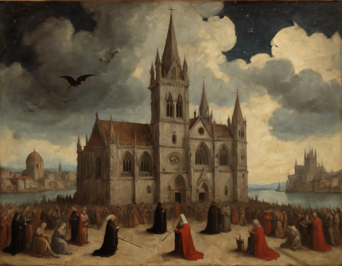 High Resolution, High Quality, Masterpiece Gothic . An oil painting mixing the styles of Master Bertram and Simone Martini and Giotto. A beautiful woman and the devil. Bonfires . Cathedrals. Detachments on ships . Angels in the clouds. A masterpiece. Full stylization of the Gothic Middle Ages. A masterpiece. oil painting . 2d. 