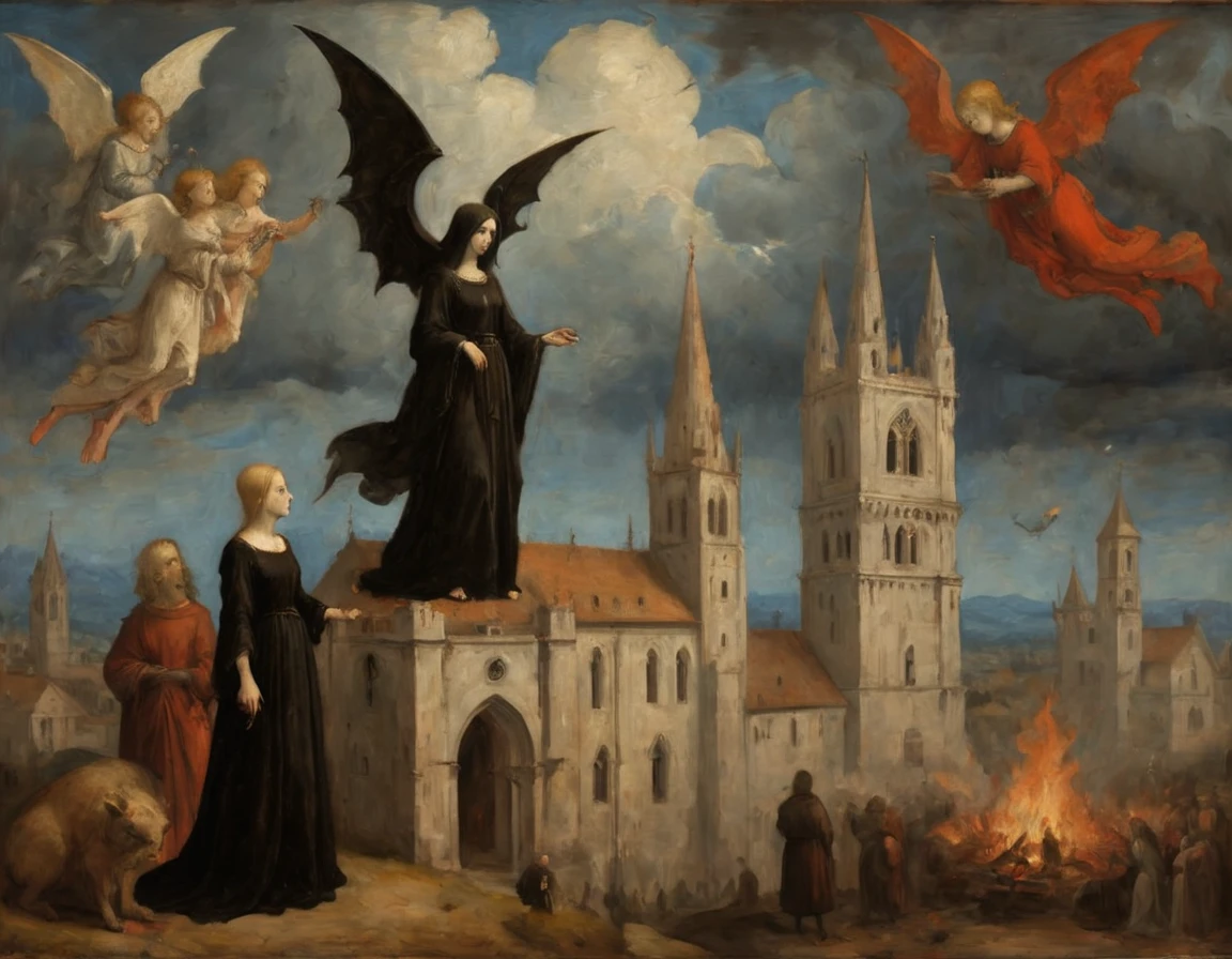 High Resolution, High Quality, Masterpiece Gothic . An oil painting mixing the styles of Master Bertram and Simone Martini and Giotto. A beautiful woman and the devil. Bonfires . Cathedrals. Detachments on ships . Angels in the clouds. A masterpiece. Full stylization of the Gothic Middle Ages. A masterpiece. oil painting . 2d. 