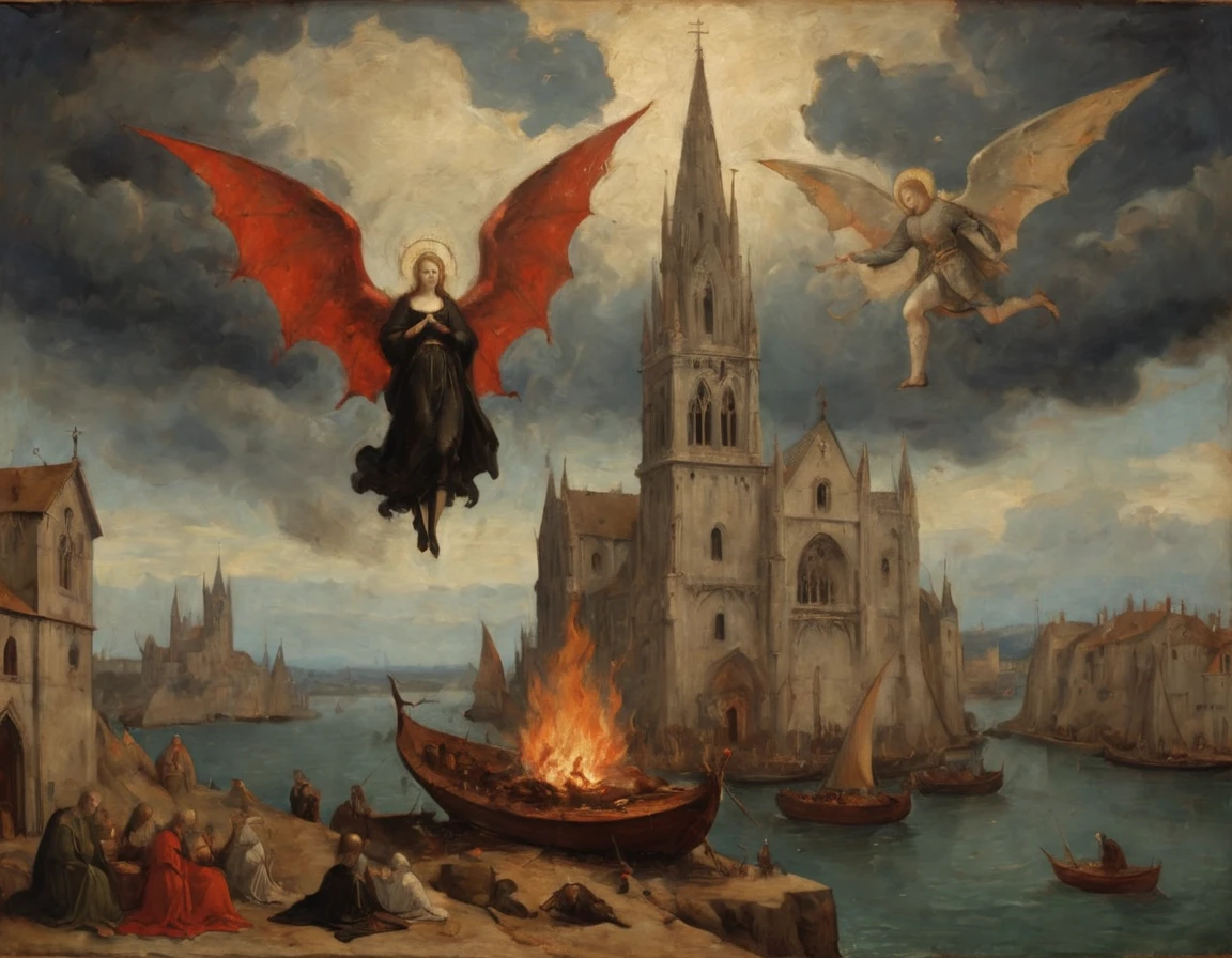 High Resolution, High Quality, Masterpiece Gothic . An oil painting mixing the styles of Master Bertram and Simone Martini and Giotto. A beautiful woman and the devil. Bonfires . Cathedrals. Detachments on ships . Angels in the clouds. A masterpiece. Full stylization of the Gothic Middle Ages. A masterpiece. oil painting . 2d. 