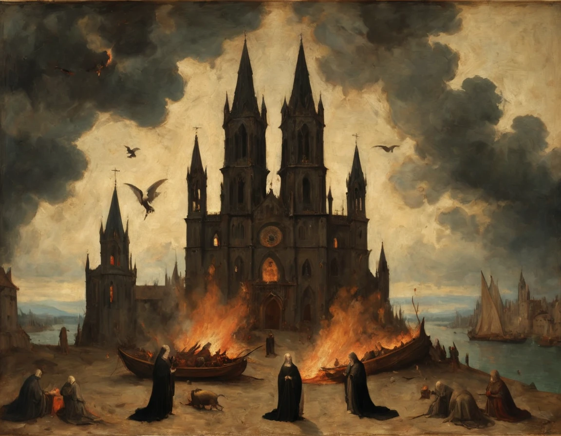 High Resolution, High Quality, Masterpiece Gothic . An oil painting mixing the styles of Master Bertram and Simone Martini and Giotto. A beautiful woman and the devil. Bonfires . Cathedrals. Detachments on ships . Angels in the clouds. A masterpiece. Full stylization of the Gothic Middle Ages. A masterpiece. oil painting . 2d. 