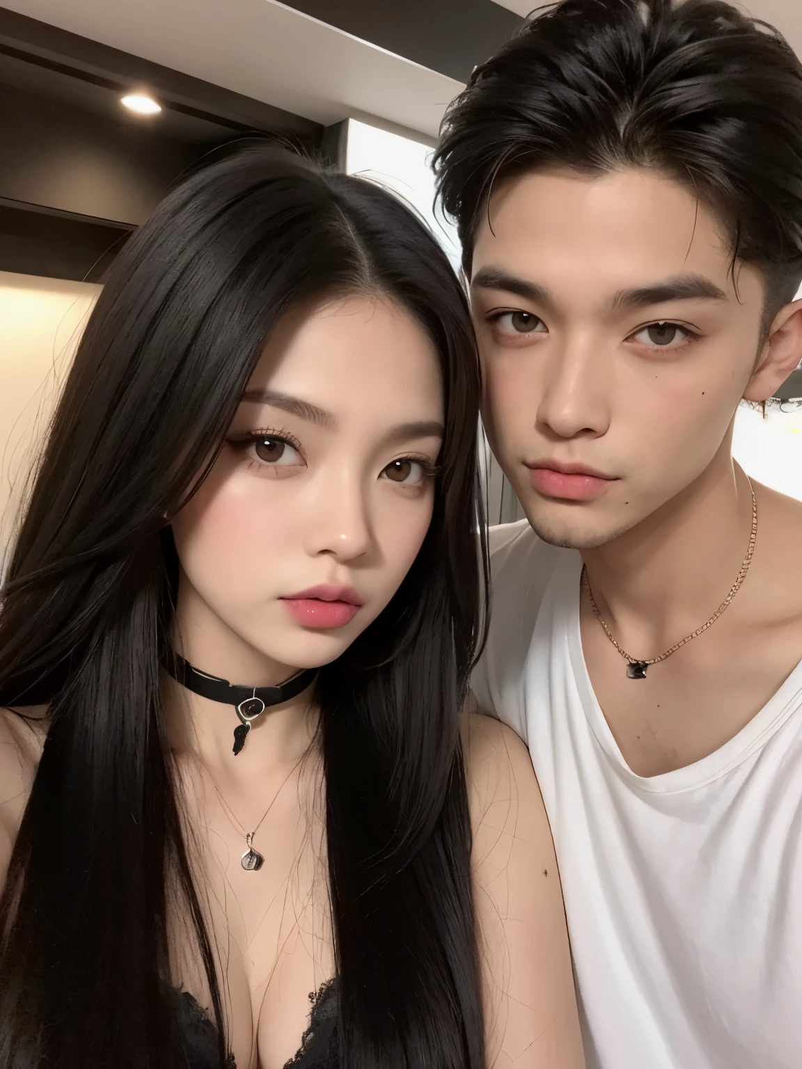 Kim Jennie con el cabello negro oscuro, con rulos en las puntas del cabello negro oscuro, con un ganchito de estrella en el cabello negro oscuro, ojos de color claro, ojos bonitos, ojos llorosos, nariz bonita y respingada, labios bonitos, labios rosas, heart and cupid shaped lip, piel bonita, pale, piel blanca, con lunares y pecas en todo el rostro, rubor rosa suave en las mejilla, rubor rosa natural, dark and gothic makeup, Jennie gotica, mientras ella esta con un chico lindo a su lado, with a cute asian boy standing next to her, mientras hay un torso de hombre, mientras el hombre'His hand is on his jaw.., manos bonitas de hombre, with a gothic boy, cuellos bonito, cuello marcado, frown, mirada enojada, con un collar de beso, un collar bonito de beso, mientras muestra sus pechos desnudos, mientras tiene los pezones con dos corazones de papel rosa, tiene los pezonnes con corazones de papel rosa (pechos grandes, pechos suaves, pechos bonitos, pechos naturales), con un chico a su lado, con su novio, mirando a la camara, autofoto