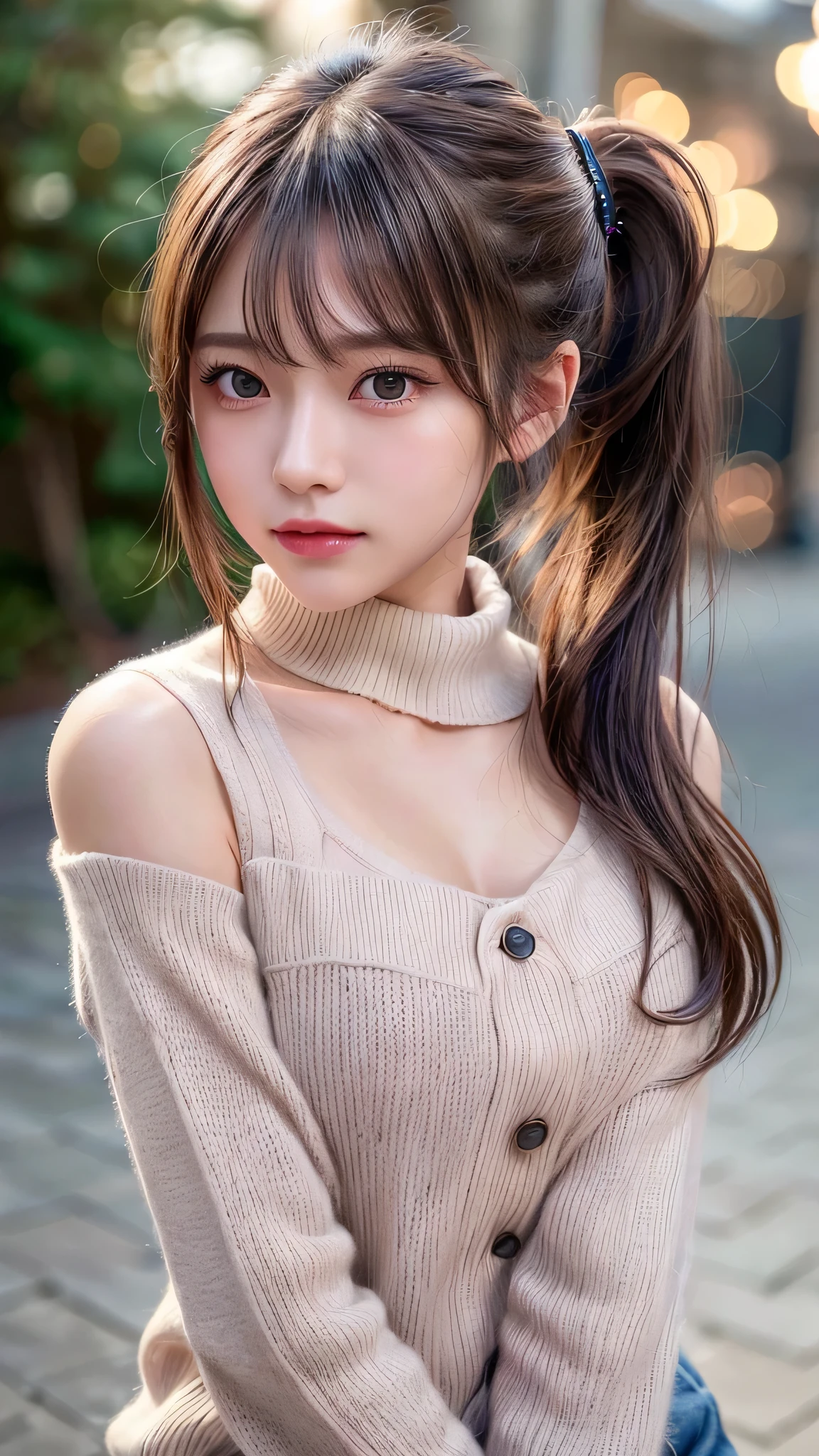 blush,,small breasts,winter,european cityscape,night,long hair ponytail,outdoors,Warm winter clothes,knitted sweater,Scarf,close up of face,((8K, Raw photo, best quality, muste piece:1.2), (Reality, photorealistic:1.4), (Highly detailed 8K wallpaper), Depth of the bounds written, cinematic lighting, soft light, detailed beauty eye,Shiny and smooth light brown ponytail, asymmetrical bangs, shiny skin, super detailed skin ,high resolution, high detail, detailed hairstyle, detailed beauty face, hyper real, perfect limbs, perfect anatomy ,1 Japanese girl,famous japanese idol, perfect female body,shy smile,short eyelashes,double-edged eyelids,look straight here,Hair style is ponytail,nipples are visible、smile