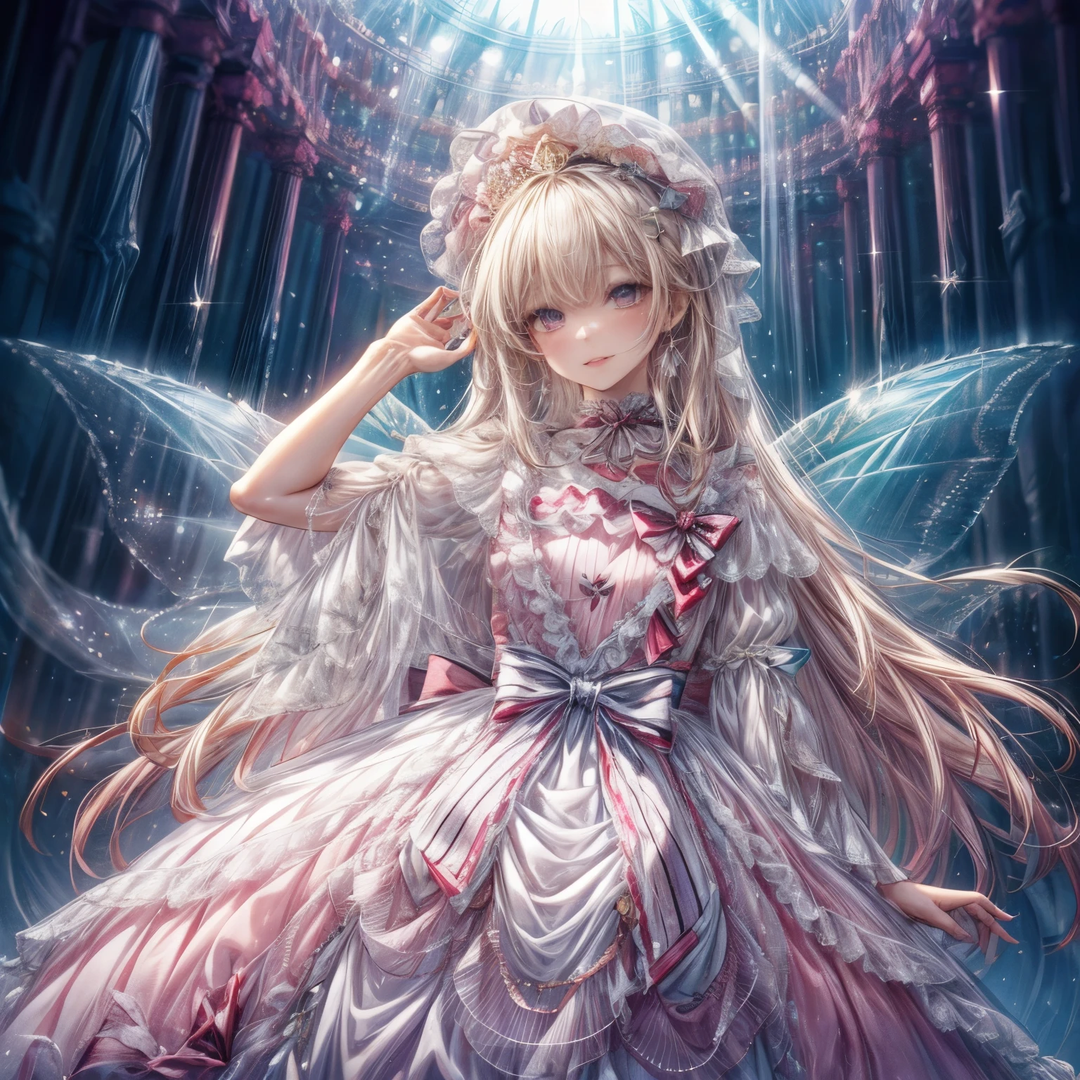 (highest quality, masterpiece, Super detailed, very detailed, exquisite, 16k,Full HD),dramatic lighting, warm lighting, soft lighting, environmental lighting, ((alone:1.5)),From the side,(bright background:1.2),From above,((head shot)),wake up,large amount of flowers,The entire screen is surrounded by flowers,in the forest,(Crystal Forest),(fairy princess, purple eyes, long eyelashes,white skin,slim,Pale pink lip,pale pink cheeks, blonde,thin and long,(thin and high nose,small nose),(腰の少しFrom above巨大な妖精の羽),diamond tiara,diamond earrings,Diamond Choker,white ball gown dress with diamonds, lace and ruffles,(laughter), (fantasy, pastel colour,romantic atmosphere), magic light,