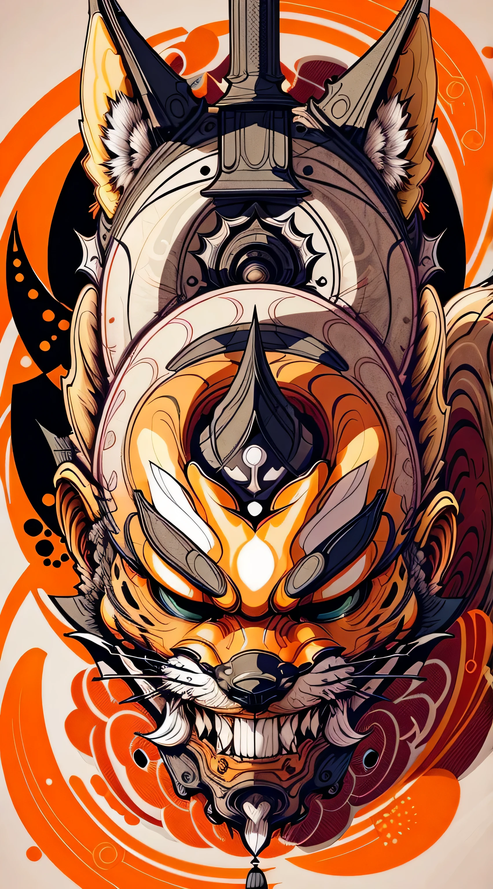 Portrait fox mask, ilustrador, Vector illustration, obra-prima, alta qualidade, 8k, high resolution, alto detalhe, japanese, (panru: 1.2), horror, mal, close-up, facing the audience, gold and exciting colour