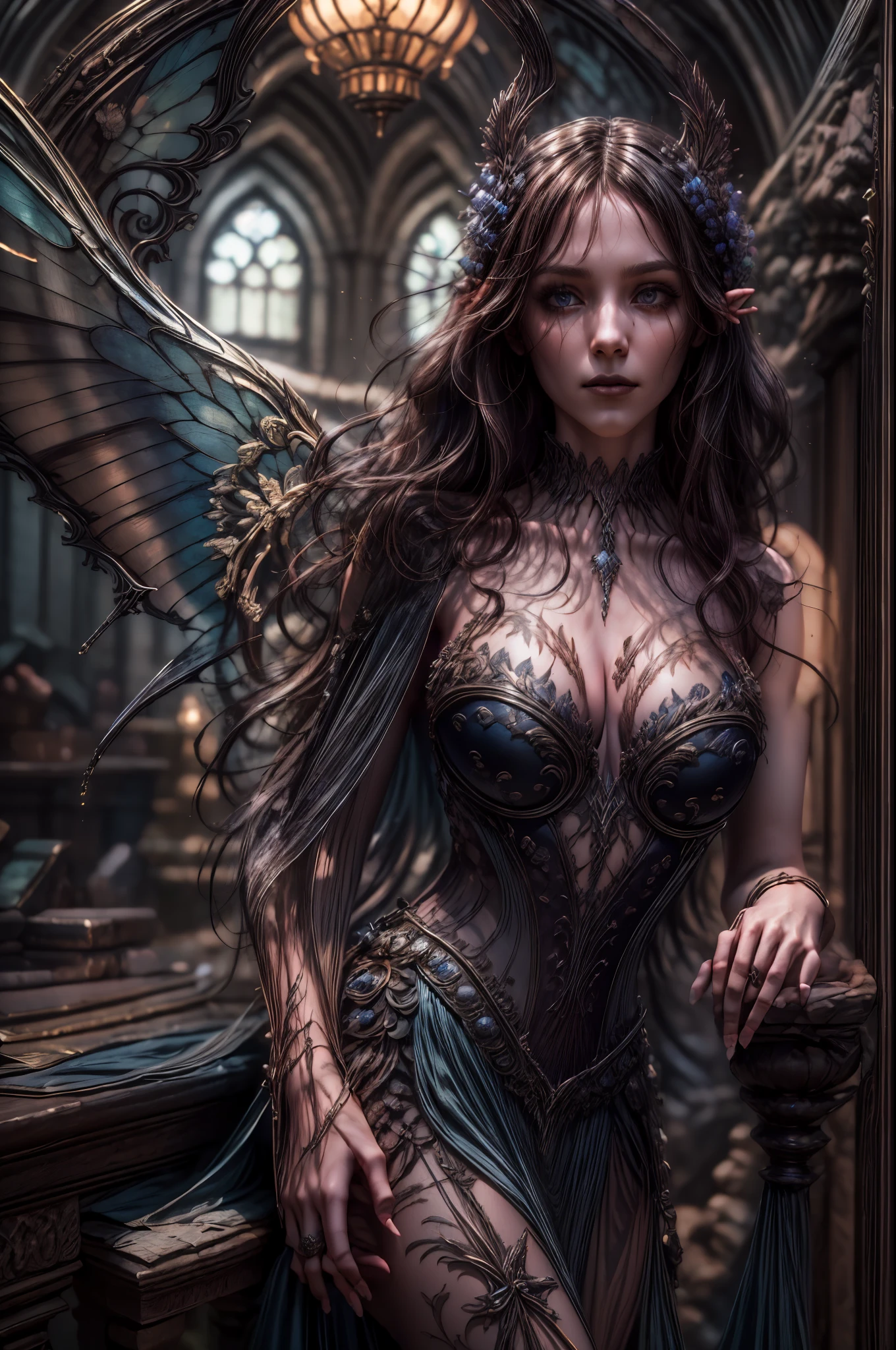 high details, best quality, 16k, RAW, [best detailed], masterpiece, best quality, (extremely detailed), full body, ultra wide shot, photorealistic, dark fantasy art, goth art, RPG art, D&D art, a picture of a dark female fairy in a goth church extremely beautiful fairy, ultra feminine (intense details, Masterpiece, best quality), best detailed face (intense details, Masterpiece, best quality), having wide butterfly wings, spread butterfly wings (intense details, Masterpiece, best quality), dark colors wings (intense details, Masterpiece, best quality), black hair, long hair, shinning hair, flowing hair, dark smile, wicked smile, blue eyes, dark red lips, wearing [red] dress latex corset (intense details, Masterpiece, best quality), dynamic elegant dress bondage gear, chocker, wearing high heels, in flower shop (intense details, Masterpiece, best quality), [extreme many flowers] (intense details, Masterpiece, best quality), dark colorful flowers (intense details, Masterpiece, best quality), flower shop in a dark goth era street background, dim light, cinematic light, gaslight lamp light, High Detail, Ultra High Quality, High Resolution, 16K Resolution, Ultra HD Pictures, 3D rendering Ultra Realistic, Clear Details, Realistic Detail, Ultra High Definition