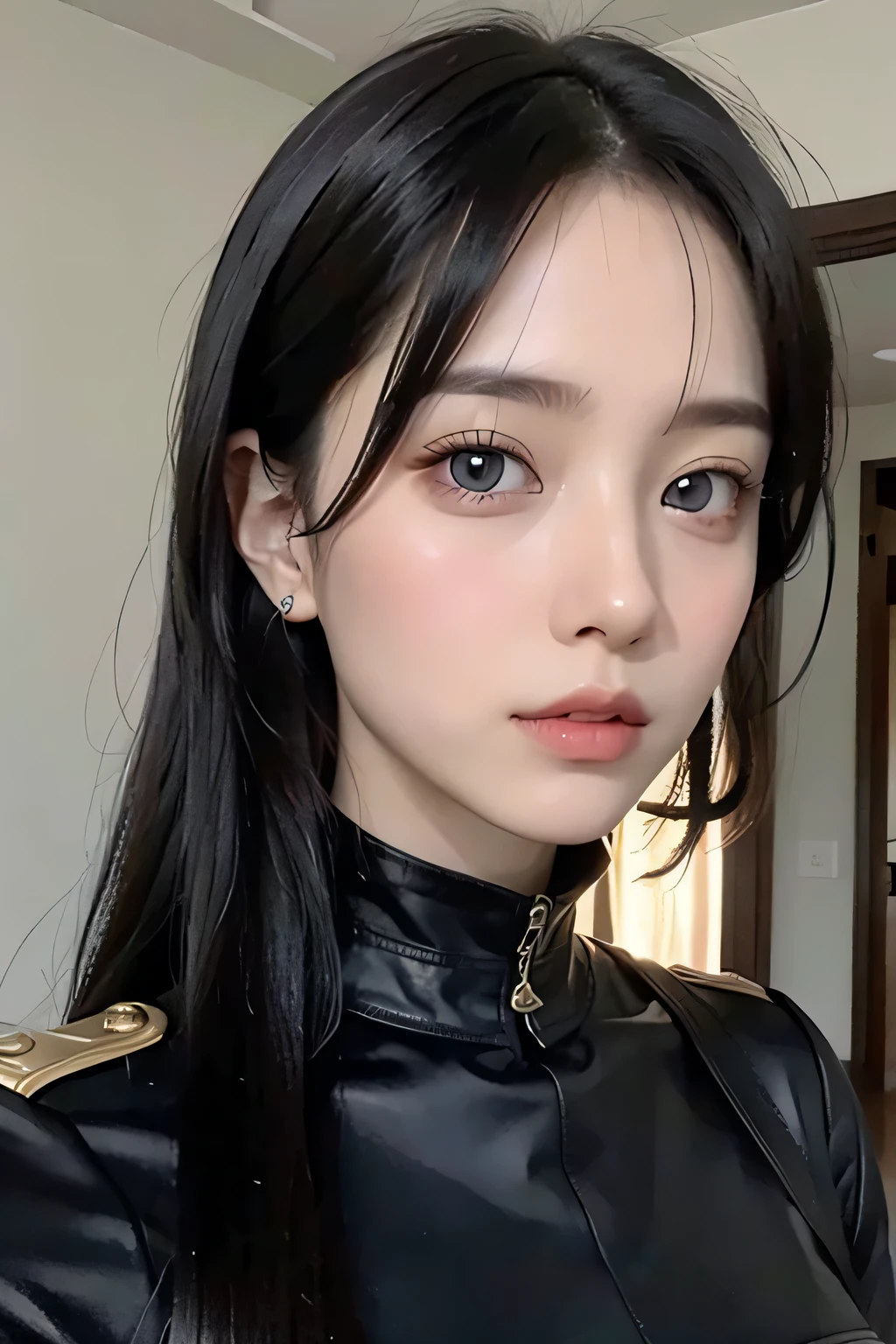 ８ｋ、High resolution、female warrior fashion、beautiful girl、black combat uniform、young、white skin,、narrow eyes,high nose,lighting that illuminates the face、clear image、intellectual beauty、skinny、no makeup、anxious look、lighting that illuminates the face,shining hair、single eyelid,blue eyes、in the flower field、vivid pose