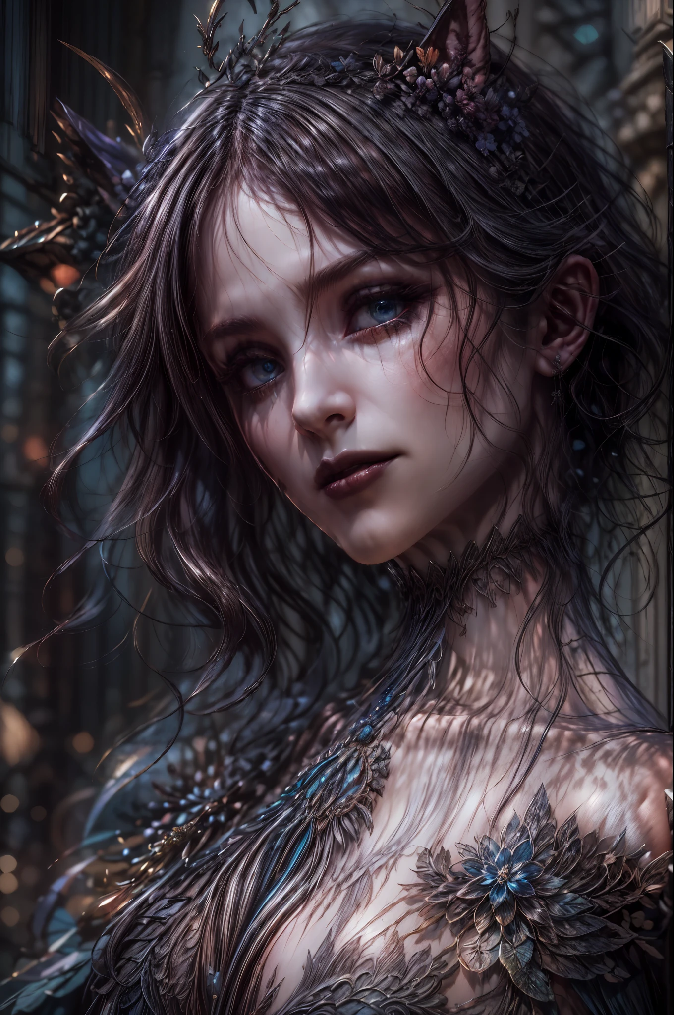 high details, best quality, 16k, RAW, [best detailed], masterpiece, best quality, (extremely detailed), full body, ultra wide shot, photorealistic, dark fantasy art, goth art, RPG art, D&D art, a picture of a dark female fairy in a goth church extremely beautiful fairy, ultra feminine (intense details, Masterpiece, best quality), best detailed face (intense details, Masterpiece, best quality), having wide butterfly wings, spread butterfly wings (intense details, Masterpiece, best quality), dark colors wings (intense details, Masterpiece, best quality), black hair, long hair, shinning hair, flowing hair, dark smile, wicked smile, blue eyes, dark red lips, wearing [red] dress latex corset (intense details, Masterpiece, best quality), dynamic elegant dress bondage gear, chocker, wearing high heels, in flower shop (intense details, Masterpiece, best quality), [extreme many flowers] (intense details, Masterpiece, best quality), dark colorful flowers (intense details, Masterpiece, best quality), flower shop in a dark goth era street background, dim light, cinematic light, gaslight lamp light, High Detail, Ultra High Quality, High Resolution, 16K Resolution, Ultra HD Pictures, 3D rendering Ultra Realistic, Clear Details, Realistic Detail, Ultra High Definition