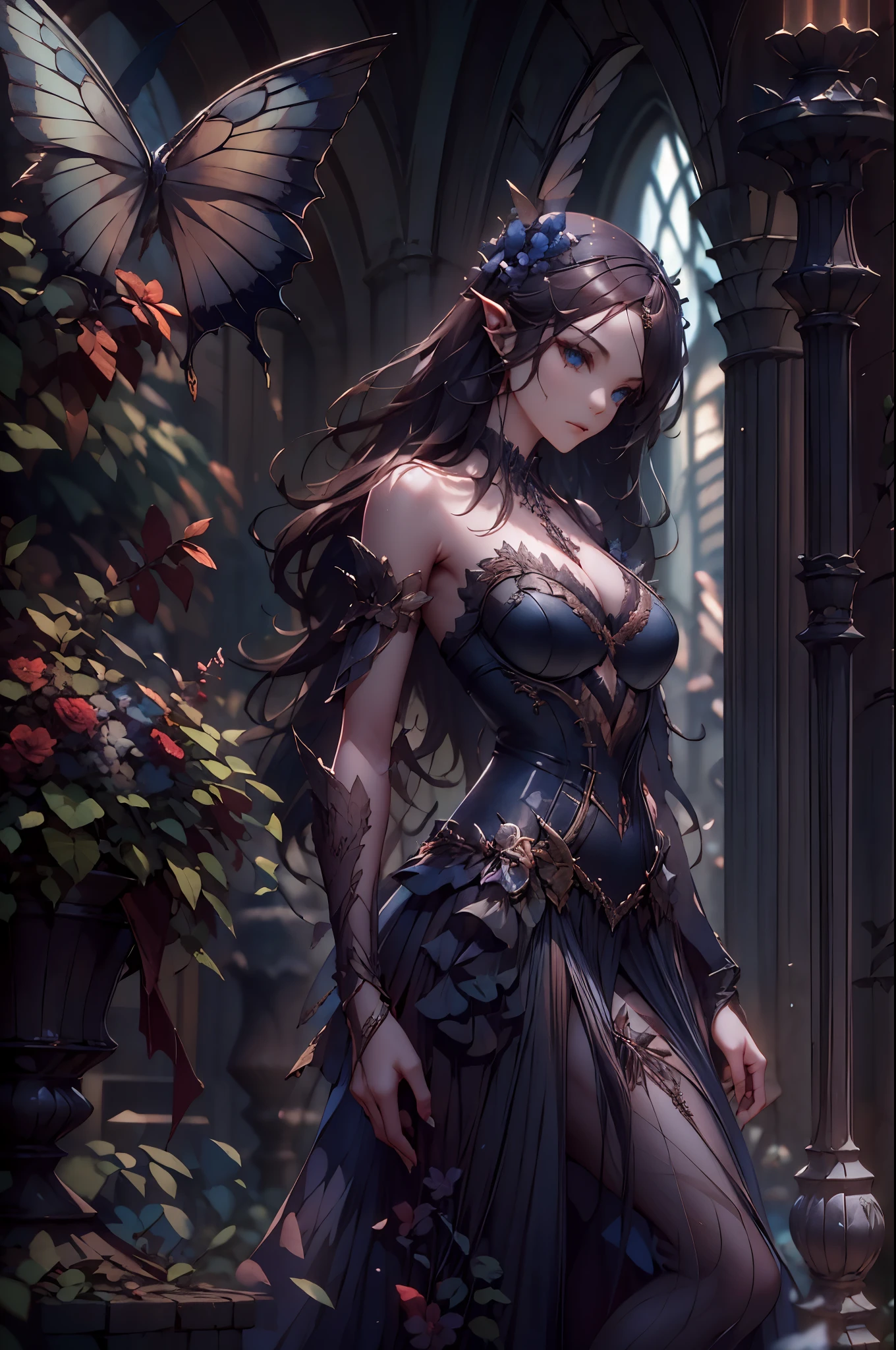 high details, best quality, 16k, RAW, [best detailed], masterpiece, best quality, (extremely detailed), full body, ultra wide shot, photorealistic, dark fantasy art, goth art, RPG art, D&D art, a picture of a dark female fairy in a goth church extremely beautiful fairy, ultra feminine (intense details, Masterpiece, best quality), best detailed face (intense details, Masterpiece, best quality), having wide butterfly wings, spread butterfly wings (intense details, Masterpiece, best quality), dark colors wings (intense details, Masterpiece, best quality), black hair, long hair, shinning hair, flowing hair, dark smile, wicked smile, blue eyes, dark red lips, wearing [red] dress latex corset (intense details, Masterpiece, best quality), dynamic elegant dress bondage gear, chocker, wearing high heels, in flower shop (intense details, Masterpiece, best quality), [extreme many flowers] (intense details, Masterpiece, best quality), dark colorful flowers (intense details, Masterpiece, best quality), flower shop in a dark goth era street background, dim light, cinematic light, gaslight lamp light, High Detail, Ultra High Quality, High Resolution, 16K Resolution, Ultra HD Pictures, 3D rendering Ultra Realistic, Clear Details, Realistic Detail, Ultra High Definition