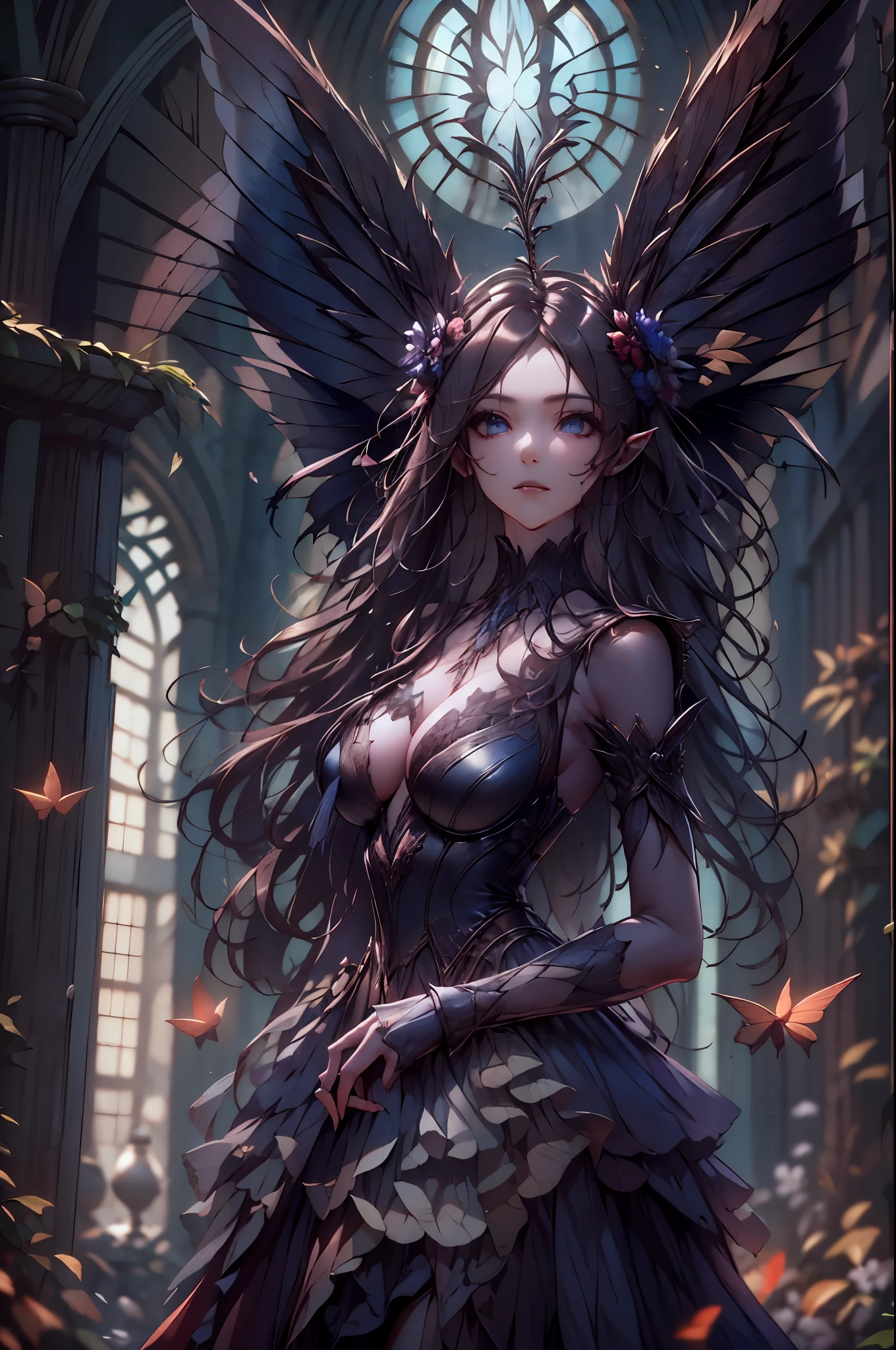 high details, best quality, 16k, RAW, [best detailed], masterpiece, best quality, (extremely detailed), full body, ultra wide shot, photorealistic, dark fantasy art, goth art, RPG art, D&D art, a picture of a dark female fairy in a goth church extremely beautiful fairy, ultra feminine (intense details, Masterpiece, best quality), best detailed face (intense details, Masterpiece, best quality), having wide butterfly wings, spread butterfly wings (intense details, Masterpiece, best quality), dark colors wings (intense details, Masterpiece, best quality), black hair, long hair, shinning hair, flowing hair, dark smile, wicked smile, blue eyes, dark red lips, wearing [red] dress latex corset (intense details, Masterpiece, best quality), dynamic elegant dress bondage gear, chocker, wearing high heels, in flower shop (intense details, Masterpiece, best quality), [extreme many flowers] (intense details, Masterpiece, best quality), dark colorful flowers (intense details, Masterpiece, best quality), flower shop in a dark goth era street background, dim light, cinematic light, gaslight lamp light, High Detail, Ultra High Quality, High Resolution, 16K Resolution, Ultra HD Pictures, 3D rendering Ultra Realistic, Clear Details, Realistic Detail, Ultra High Definition