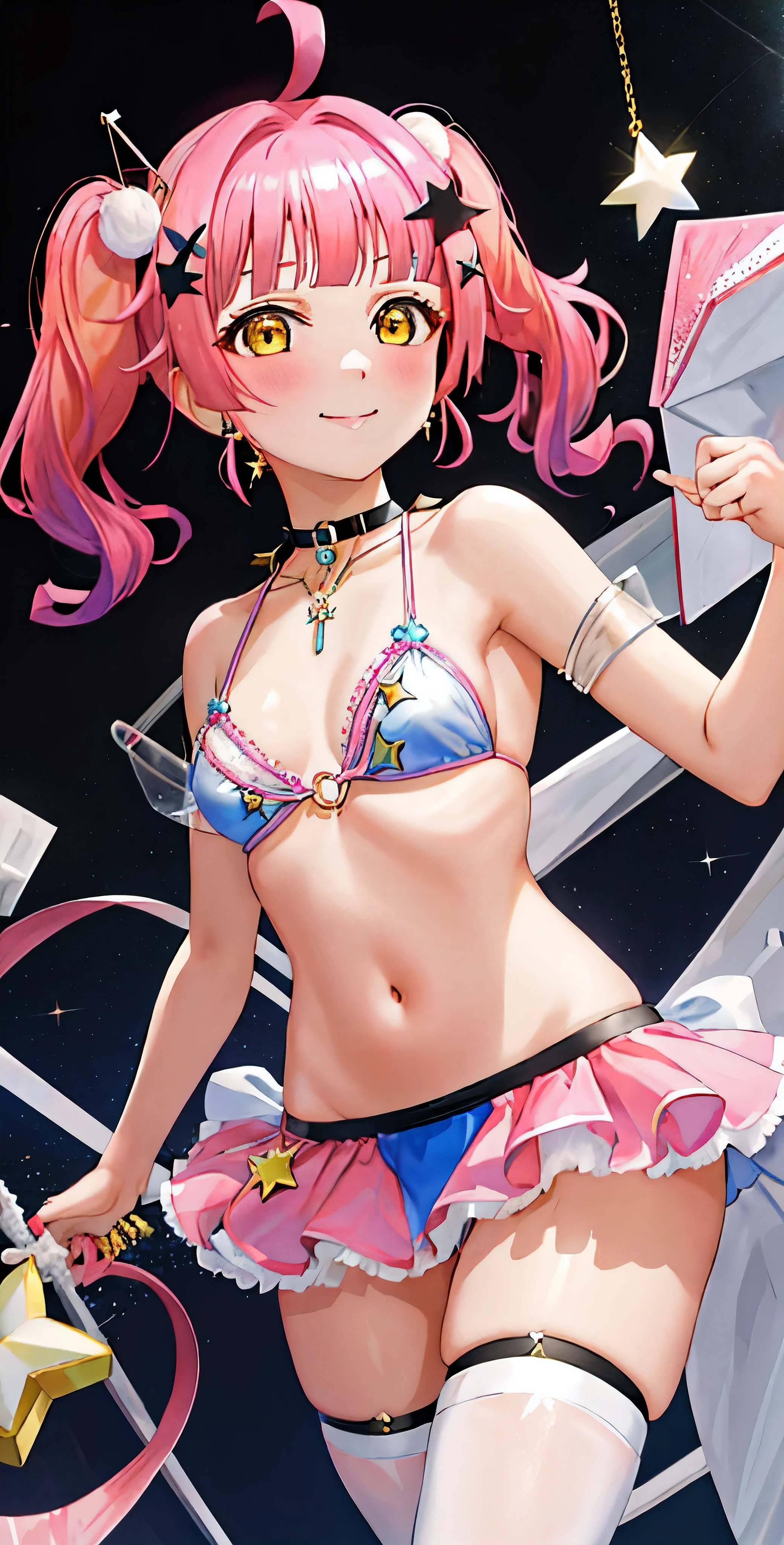 highest quality, masterpiece, High resolution, 一人in, {tennouji_Lina_loveliveschoolidolfestivalallstars:1.15}, pink_hair, 前hair, Ahoge, dull_前hair, yellow_eye, short_hair, blush, dull_end, 1 girl, choker, looking for_in_viewer, slope_hair, hair_ornament, twin tails, jewelry, smile, side lock, star_\(symbol\),metallic micro bikini、