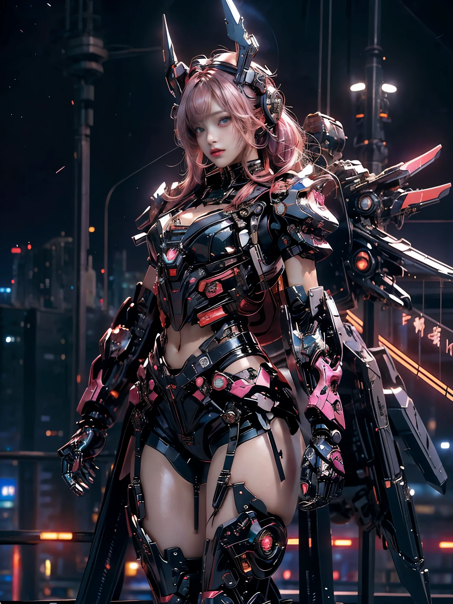 best image quality，excellent details，ultra high resolution，（fidelity：1.4），best illustrations，focus on details，daughter，Mecha wing，(The background is a rooftop with a view of the Kaikyo Bridge.、morning、morning日:1.3)、beauty of android、(pink hair、19 years old.Neat and detailed facial features、K-POPアイドルの美少女顔:1.2)、(exposed chest and legs:1.2)A sexy full mechanical armor that emits neon light based on clear red and black..stylish backpack unit（inorganic mechanical wing:1.4）Cyberpunk characters(look forward、model pose)Angle from slightly below