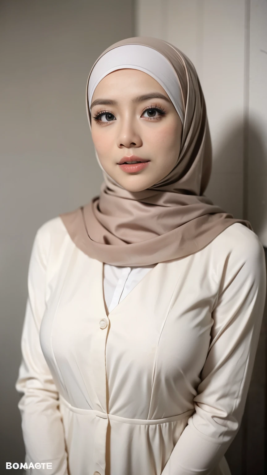 1 malay girl , modern plain hijab, shy, mid shot , watery eyes ,droopy eyes, watery, lip glossy, horny face, big rounded breast, cleavage cutout,wear java wedding woman in kebaya , luxurious necklace, bracelet, lipstick, makeup, grooming, eyelashes, flower garden background, bokeh background, proportional body,