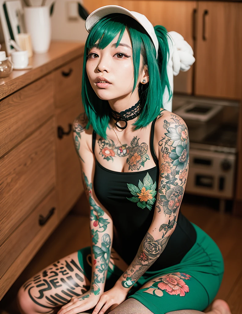 arafed woman With tattoo and piercings posing for a picture, of taiwanese girl With tattoo, (()), middle Schoorald green hair), fully tattooed body, full body tattoo, full body tattoo, inked, tattooed, With tattoo, Ink style, Tattoo as a whole, tattooed body, full body tattoo, tattoos all over the skin, Oriental tattoos, yakuza slim girl, korean artist, sun yunjoo