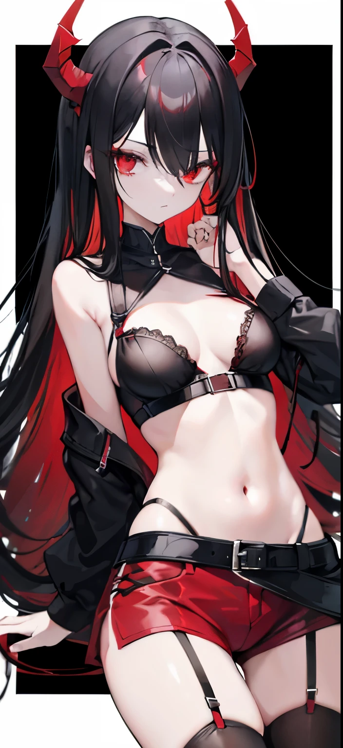 Devil Black hair Red eyes Long hair Red mesh Blindfold Clothes based on black and red Navel exposed Garter belt Shorts Knife Long bangs Hidden left eye Hidden one eye Long hair down to the waist Slender Girl Black bra Small breasts