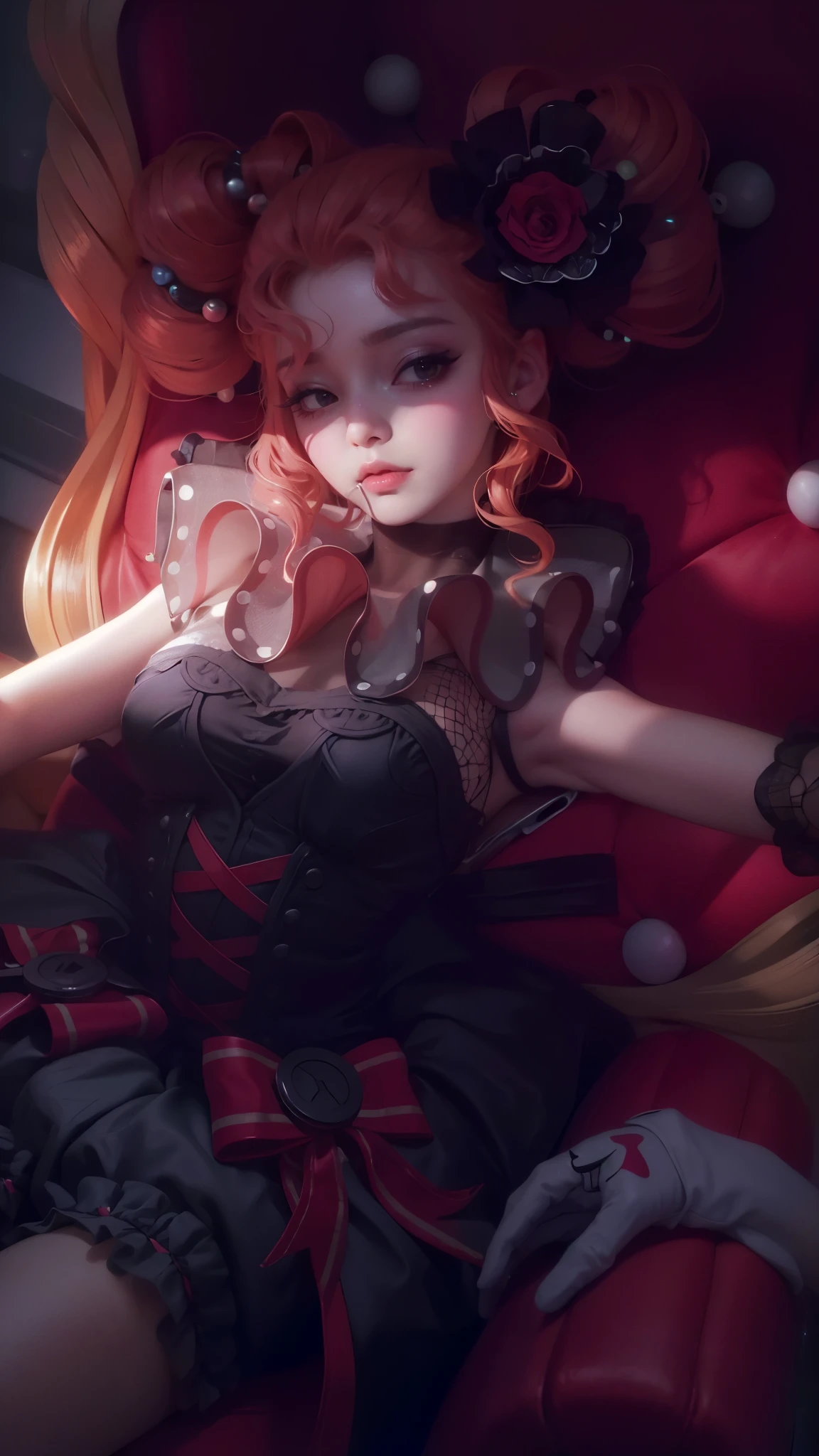 (masterpiece, best quality:1.2), intricate details, <lora:GoodHands-beta2:1>, <lora:lol_slay_belle_katarina-000018:1>, slay belle katarina, 1girl, strapless, antlers, fur trim, long hair, choker, striped, elbow gloves, cleavage, christmas