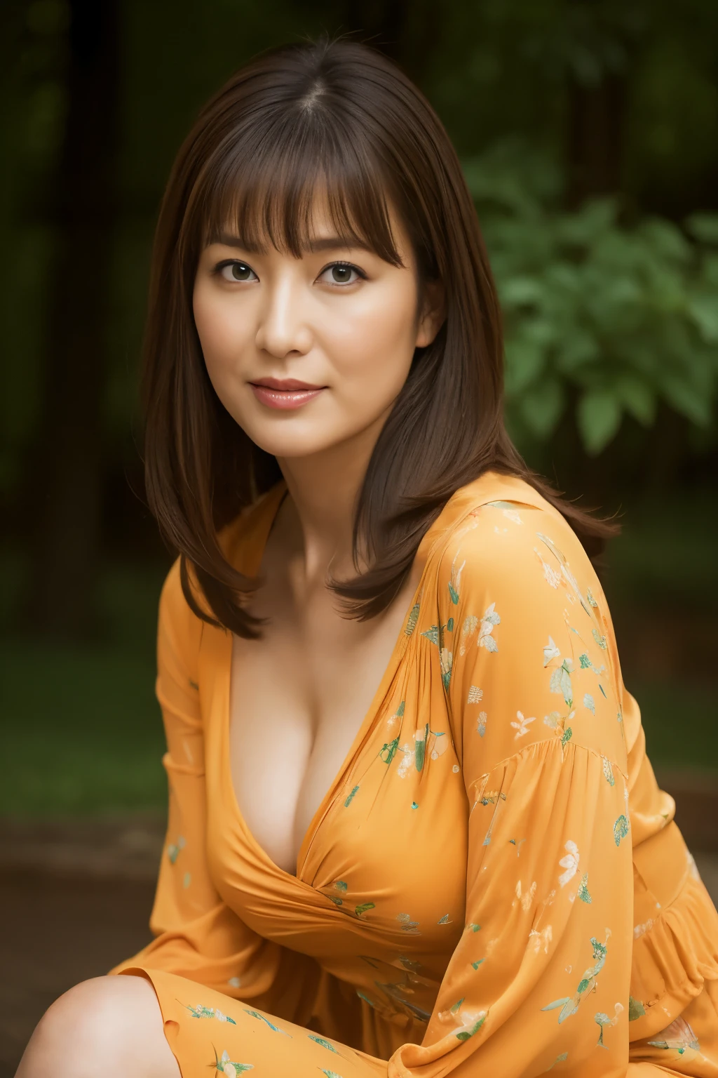 highest quality, masterpiece, High resolution, Photoreal, Raw photo, 8k wallpaper, Flawless, professional lighting, very detailed, Depth of the bounds written, ((one beautiful woman)), 40 years old, sexy woman, ((Gorgeous green and orange printed dress)), Upper body, ((look into the viewer's eyes)), detailed face, beautiful eyes, ((facing the front)), at the park, bangs, well-shaped chest, cleavage, light brown straight hair, faint lips, cowboy shot, ((arm between legs))