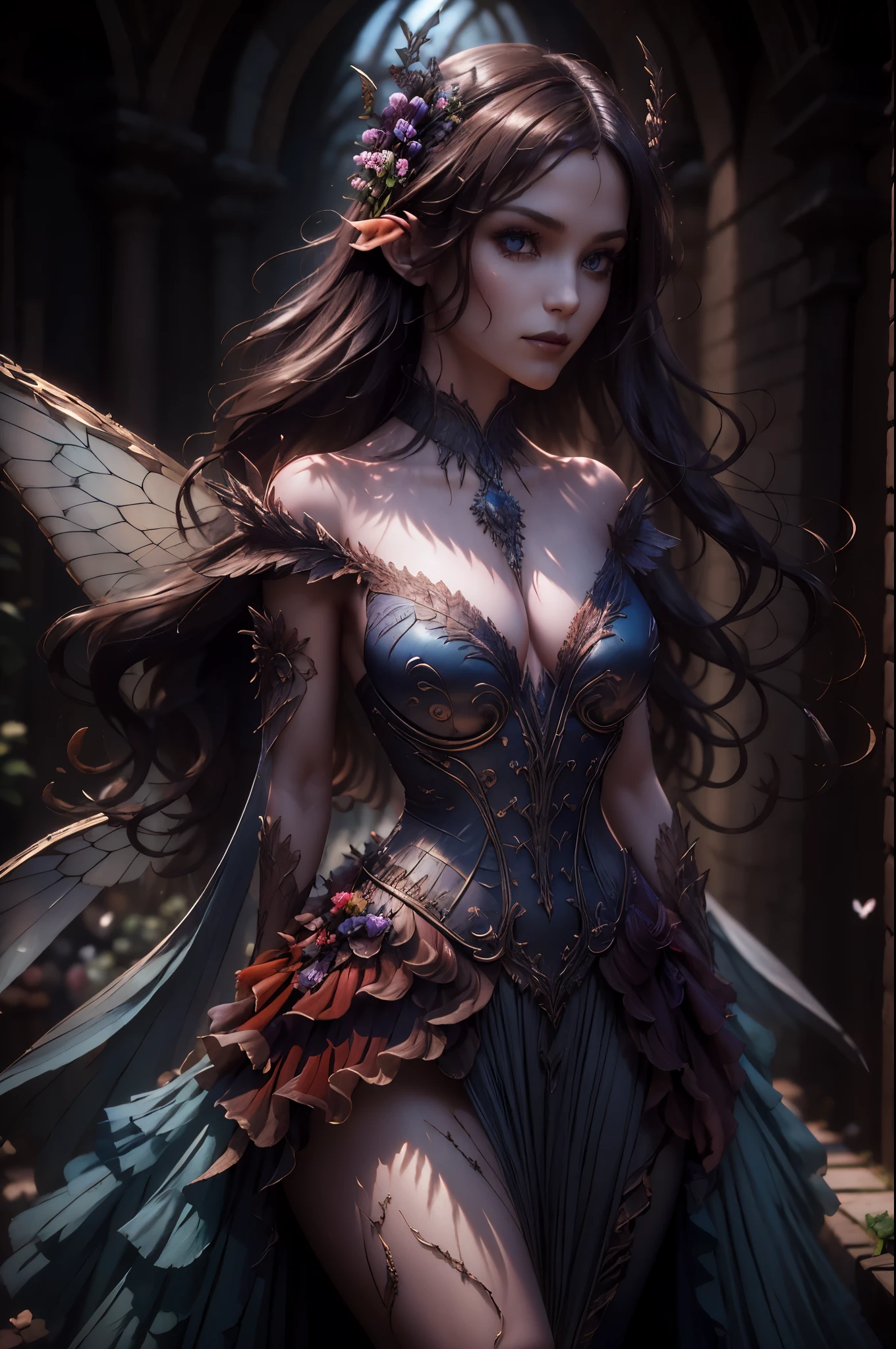 high details, best quality, 16k, RAW, [best detailed], masterpiece, best quality, (extremely detailed), full body, ultra wide shot, photorealistic, dark fantasy art, goth art, RPG art, D&D art, a picture of a dark female fairy in a goth church extremely beautiful fairy, ultra feminine (intense details, Masterpiece, best quality), best detailed face (intense details, Masterpiece, best quality), having wide butterfly wings, spread butterfly wings (intense details, Masterpiece, best quality), dark colors wings (intense details, Masterpiece, best quality), black hair, long hair, shinning hair, flowing hair, dark smile, wicked smile, blue eyes, dark red lips, wearing [red] dress latex corset (intense details, Masterpiece, best quality), dynamic elegant dress bondage gear, chocker, wearing high heels, in flower shop (intense details, Masterpiece, best quality), [extreme many flowers] (intense details, Masterpiece, best quality), dark colorful flowers (intense details, Masterpiece, best quality), flower shop in a dark goth era street background, dim light, cinematic light, gaslight lamp light, High Detail, Ultra High Quality, High Resolution, 16K Resolution, Ultra HD Pictures, 3D rendering Ultra Realistic, Clear Details, Realistic Detail, Ultra High Definition