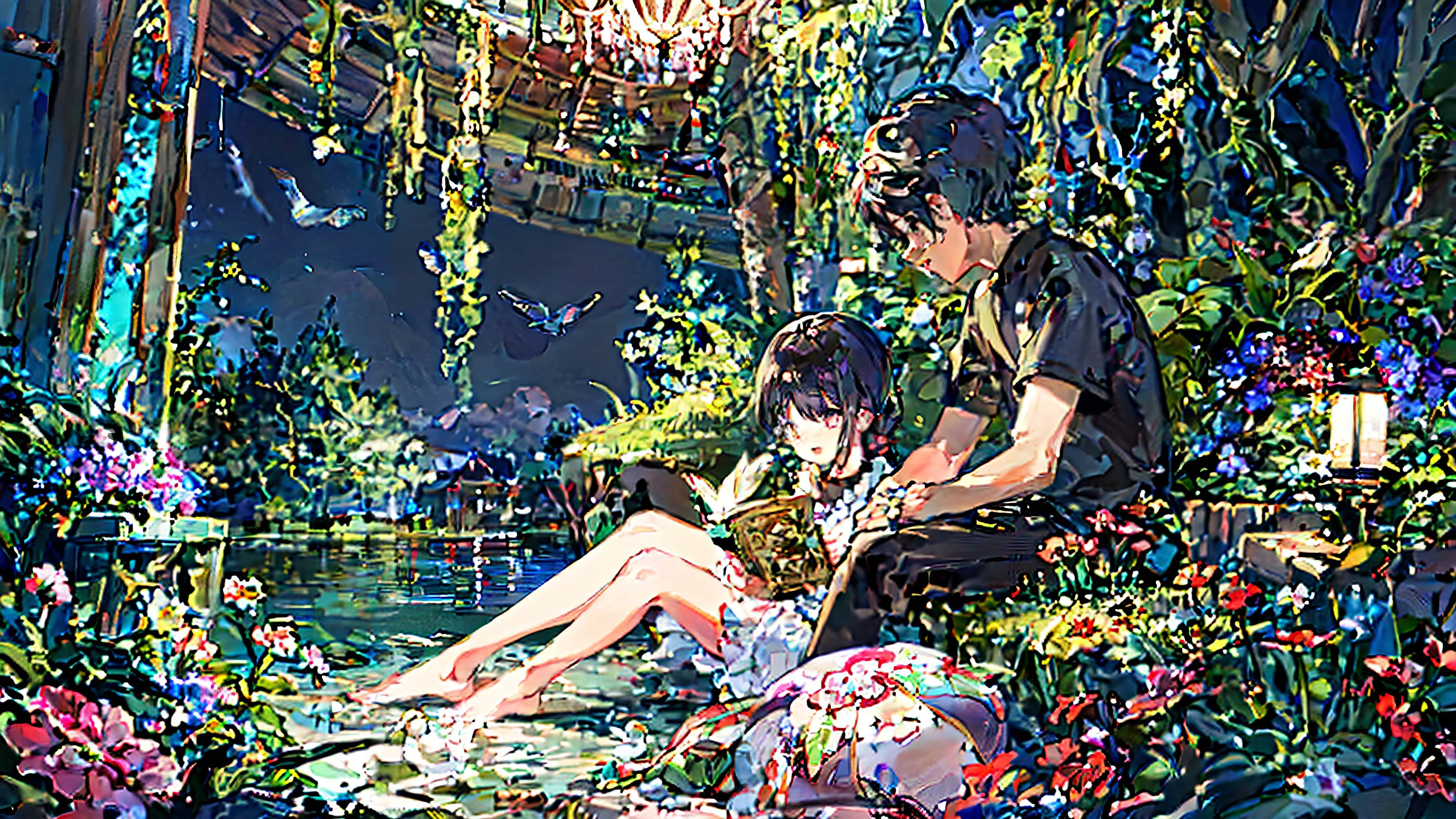 1 girl and 1 boy，Peer，couple, enchanted forest, nature, tree, Dryad, , flowers, Two people reading a book together, Half body, flower hair, black hair, glowing hair, holy, goddess, barefoot, baby face, upturned eyes, long eyelashes, animal, birds, sitting, look away, glowing water, Lake Center, flower bed, continuously, night,，HD，Dream，Beautifully