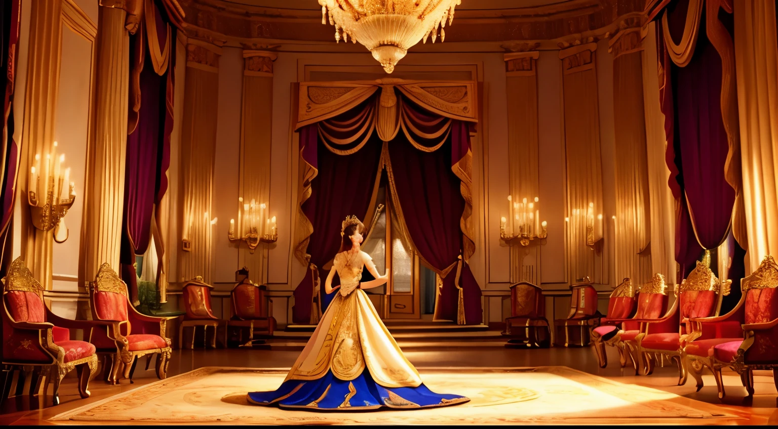best quality,ultra-detailed,vivid colors,portrait,royal atmosphere,castle background,soft lighting,elegant gown,sparkling jewelry,noble expression,confident smile,regal crown,king's court,fine details,long,flowing hair,graceful posture,royal scepter,stately throne,decorative tapestry,rich velvet curtains,royal banquet,floral decorations,carved wood furniture,ornate chandelier,celebration atmosphere,grand staircase,formal attire,stately procession,dignified aura,majestic presence,opulent surroundings,exquisite craftsmanship,artistic masterpiece,pristine beauty,classic elegance,rich hues,commanding presence,royal authority.