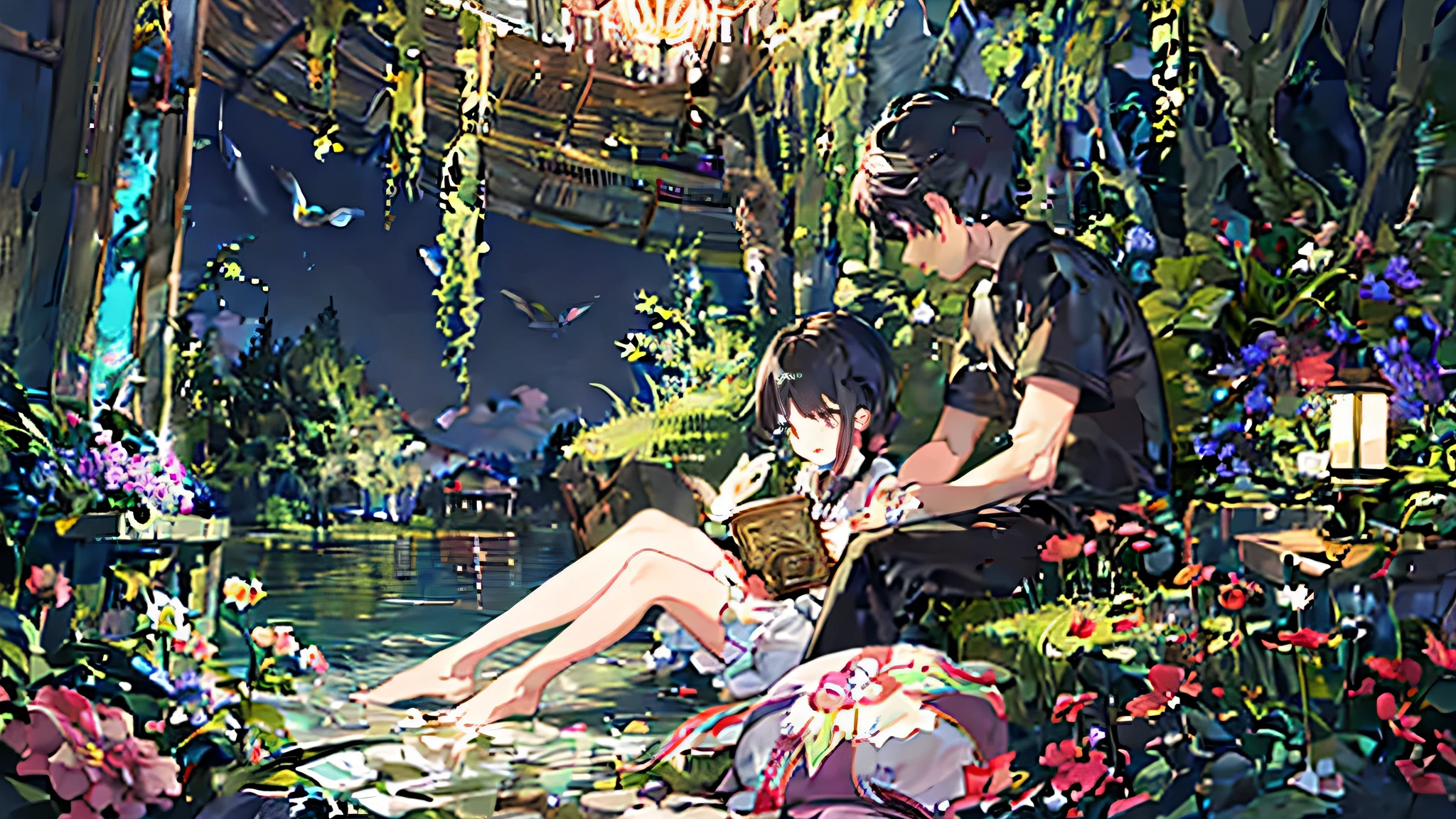 1 girl and 1 boy，Peer，couple, enchanted forest, nature, tree, Dryad, , flowers, Two people reading a book together, Half body, flower hair, black hair, glowing hair, holy, goddess, barefoot, baby face, upturned eyes, long eyelashes, animal, birds, sitting, look away, glowing water, Lake Center, flower bed, continuously, night,，HD，Dream，Beautifully