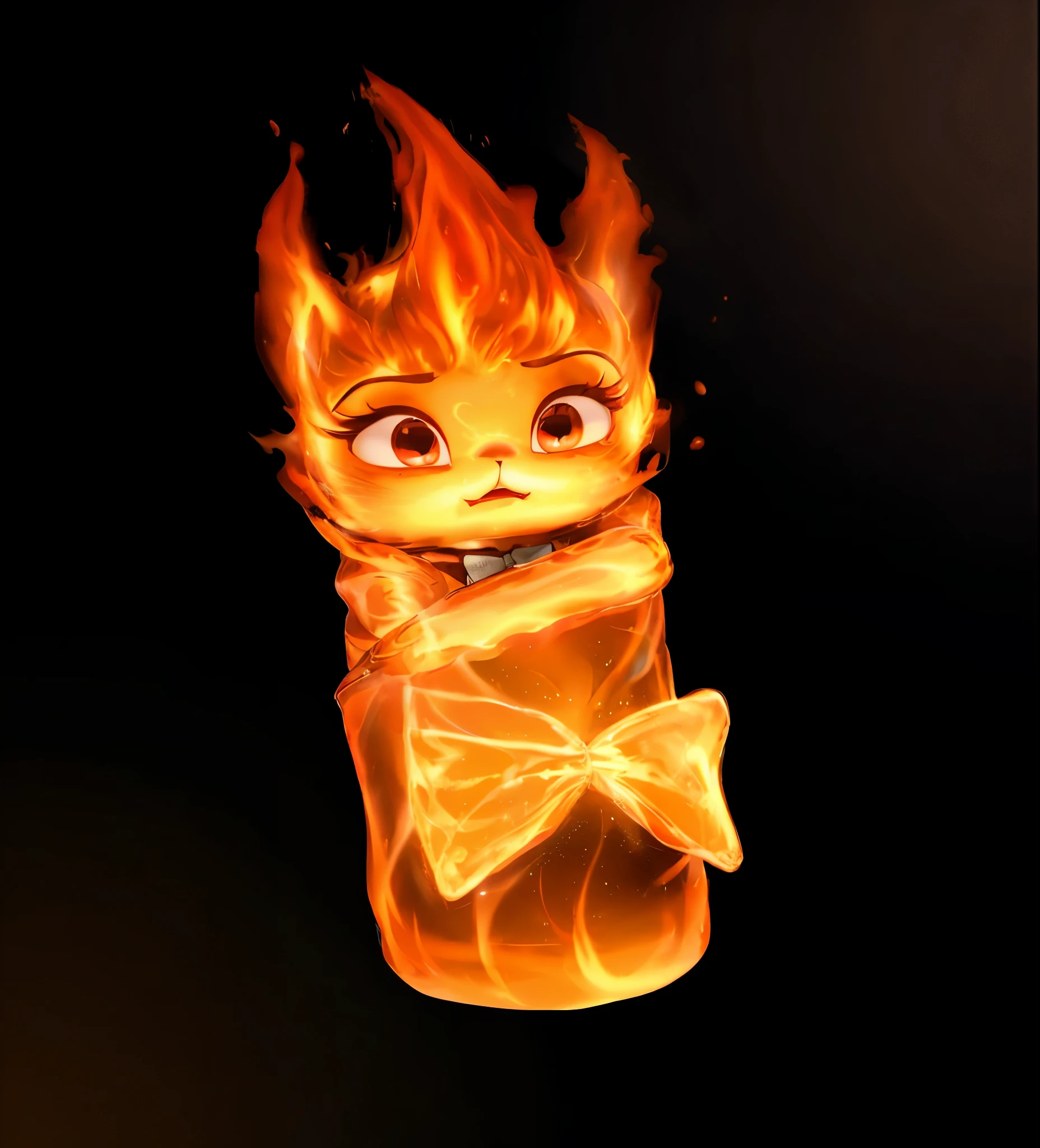 there is a cute chibi cartoon character in a baby bag a bow tie on, firey, appears as the fire goddess, cute pixar character, the background is dark, her hair is made out of fire, she has fire powers, tiny firespitter, has fire powers, by Pixar, render in pixar, pixar cute character design, adorable digital painting, her body made of flames, glossy texture, smooth 3d model, multiple light sources, rim light, sharp post effects render, (glossy metallic texture with multiple big light probe refractions), perfect cgi, cgi art created only with gradients, smooth silhouette, high intensity refraction, (super glossy chrome material), most beautiful vfx, blue background, chrome metal refractions, rim light, high resolution, realistic