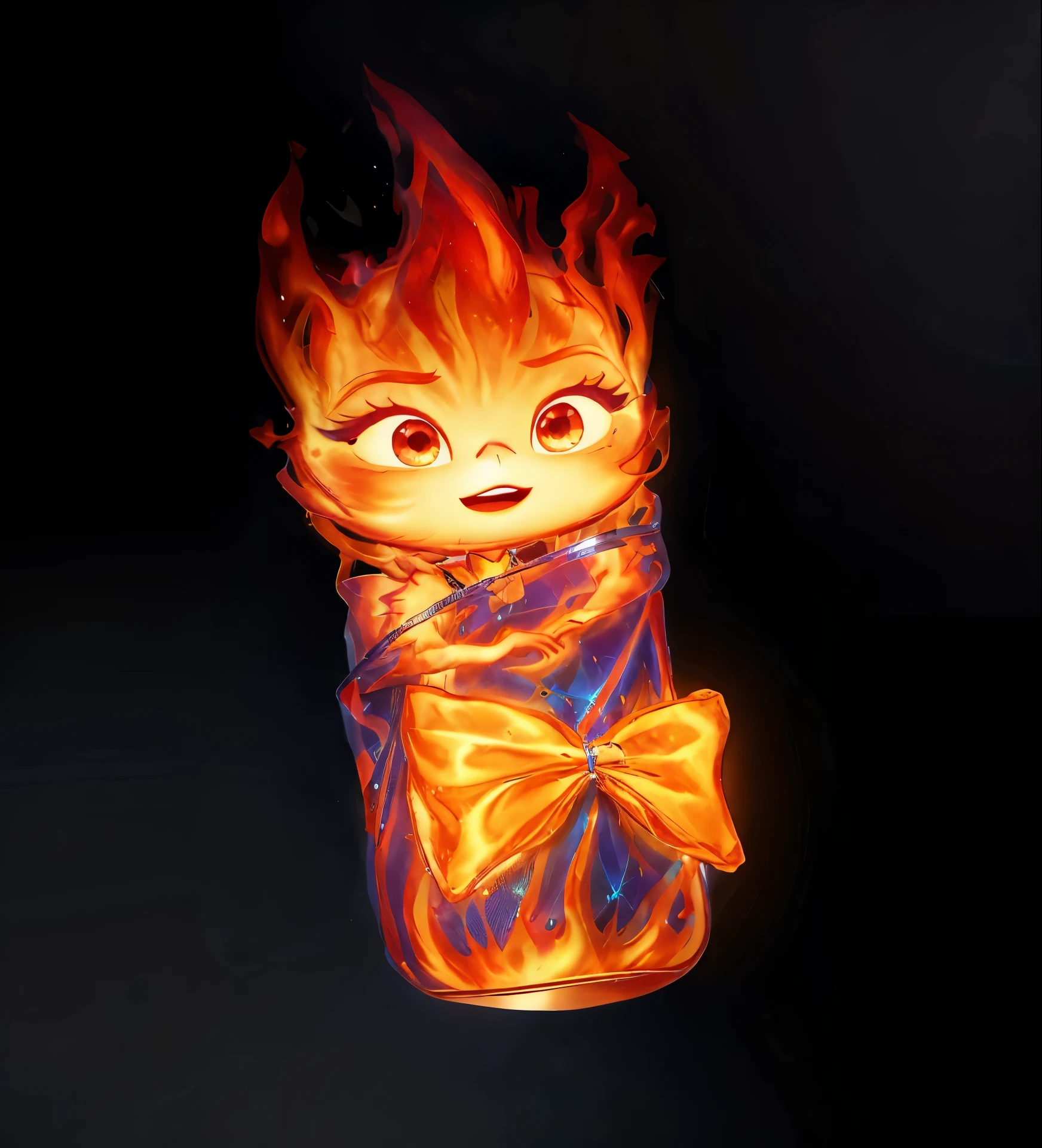 there is a cute chibi cartoon character in a baby bag a bow tie on, firey, appears as the fire goddess, cute pixar character, the background is dark, her hair is made out of fire, she has fire powers, tiny firespitter, has fire powers, by Pixar, render in pixar, pixar cute character design, adorable digital painting, her body made of flames, glossy texture, smooth 3d model, multiple light sources, rim light, sharp post effects render, (glossy metallic texture with multiple big light probe refractions), perfect cgi, cgi art created only with gradients, smooth silhouette, high intensity refraction, (super glossy chrome material), most beautiful vfx, blue background, chrome metal refractions, rim light, high resolution, realistic