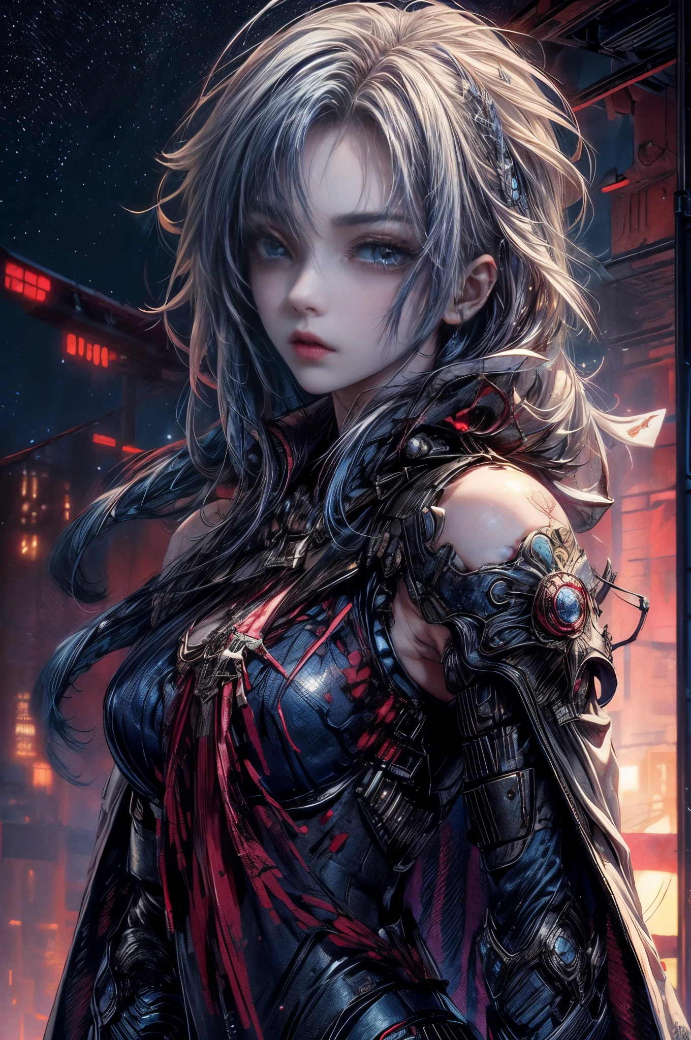 cinematic lighting、highest quality,cyberpunk world、1 female、(20 year old beautiful woman、Detailed beautiful facial features、shoulder length hair、blue hair、Very detailed and beautiful blue eyes:1.4)break,medium hair、（明るいblue hair、shining hair）（See here、chest and cleavage:1.4）（Cool and stylish cyber tech wear:1.2）(scratch、Returned blood adheres to the face and chest)(tattered cloak:1.3)android（beautiful starry sky scenery、roof of the building:1.2）(It&#39;s cold so white breath comes out of my mouth:1.5)