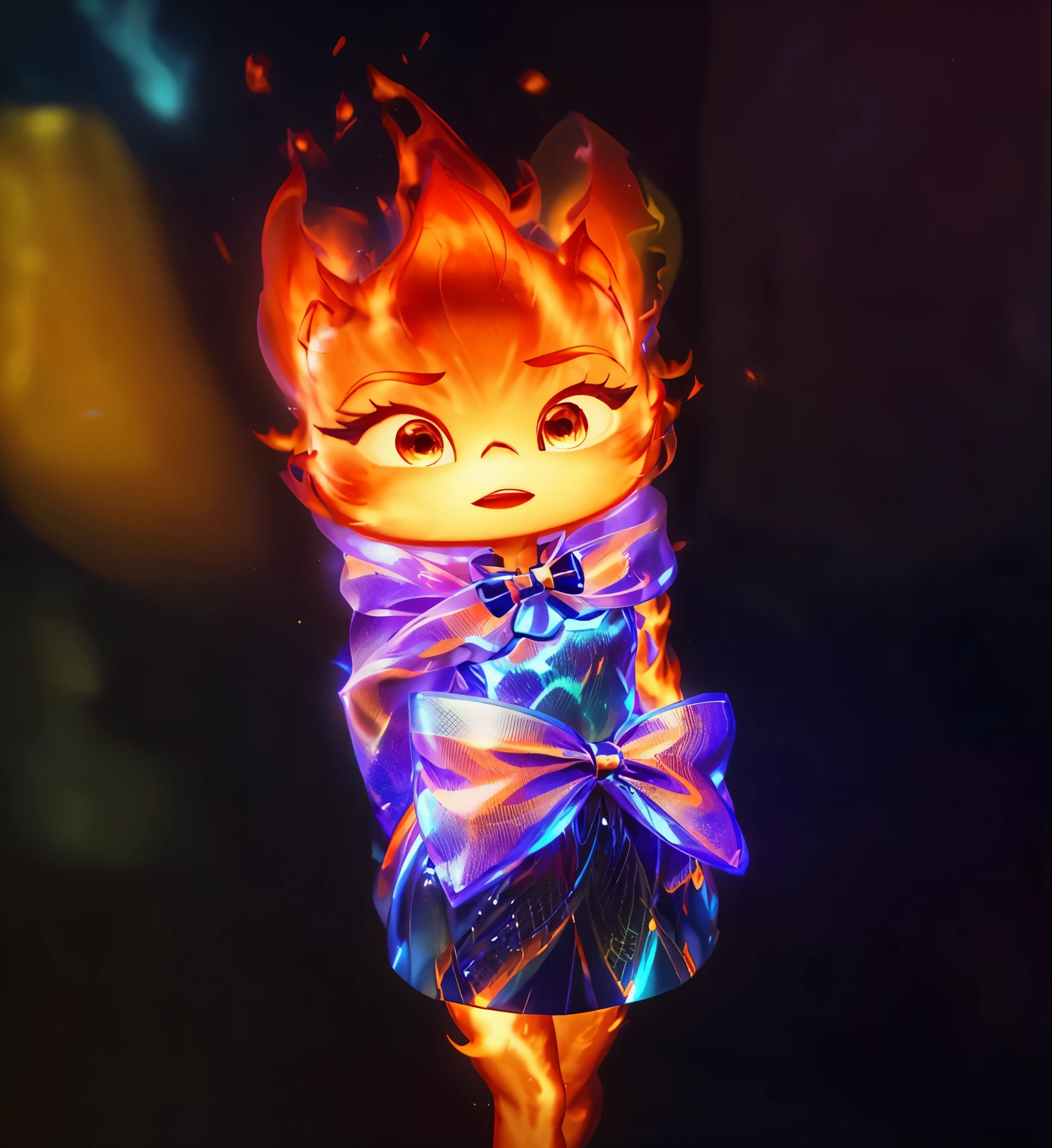 there is a cute chibi cartoon character in a baby bag a bow tie on, firey, newborn baby ember, appears as the fire goddess, cute pixar character, the background is dark, her hair is made out of fire, she has fire powers, tiny firespitter, has fire powers, by Pixar, render in pixar, pixar cute character design, adorable digital painting, her body made of flames, glossy texture, smooth 3d model, multiple light sources, rim light, sharp post effects render, (glossy metallic texture with multiple big light probe refractions), perfect cgi, cgi art created only with gradients, smooth silhouette, high intensity refraction, (super glossy chrome material), most beautiful vfx, blue background, chrome metal refractions, rim light, high resolution, realistic