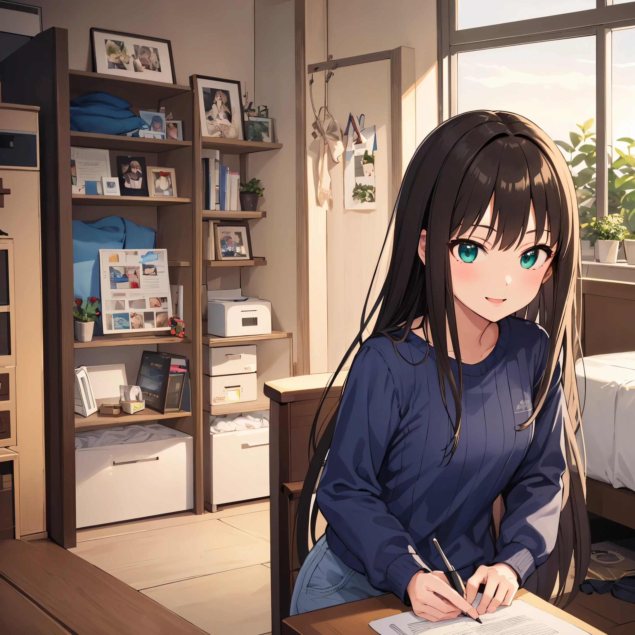 Rin Shibuya、1 girl, mature woman, green eyes、black long hair、casual clothes、blue sweater、long pants、smile gently、bow, highest quality, hire, detailed face, along the coast、 home bedroom、 detailed background, Depth of written boundary, Bokeh