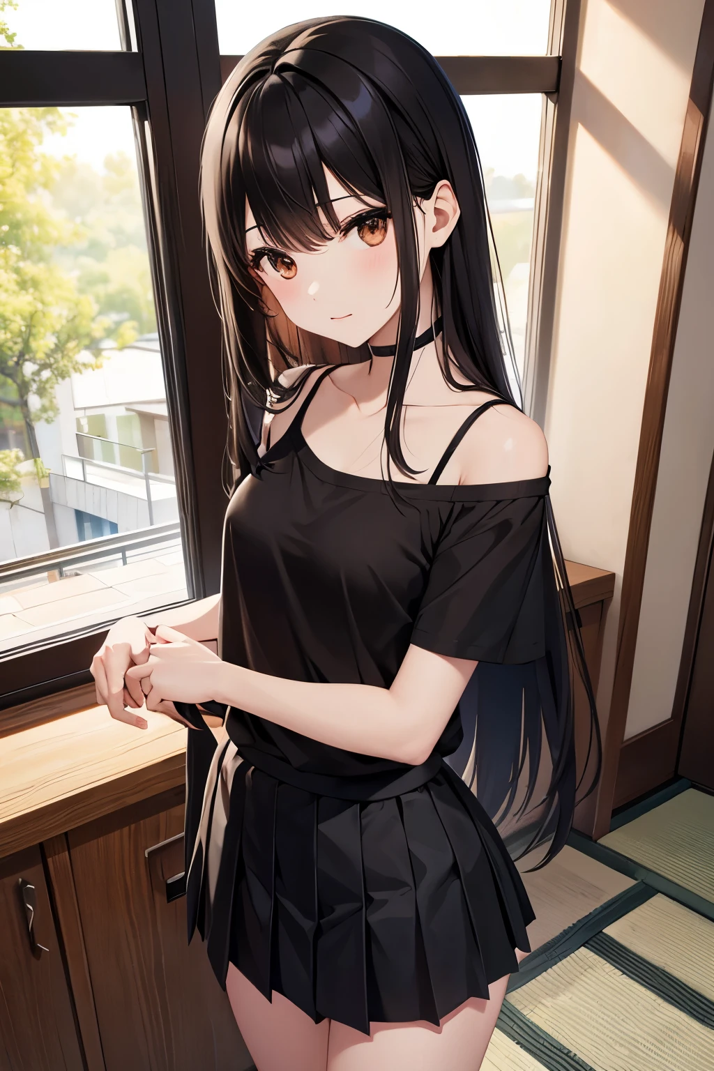 best quality, Japanese、brown eyes、Slender、tall、8k、girl, highres,black hair、long hair、classroom、black camisole、black skirt、standing position、facing left