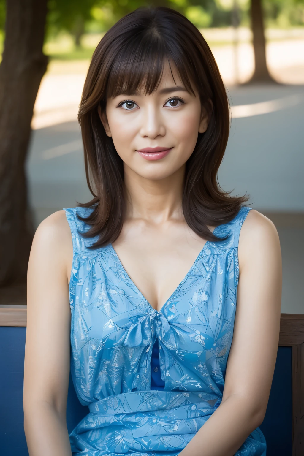 highest quality, masterpiece, High resolution, Photoreal, Raw photo, 8k wallpaper, Flawless, professional lighting, very detailed, Depth of the bounds written, ((one beautiful woman)), 40 years old, sexy woman, ((Blue and light blue flashy printed dress)), Upper body, ((look into the viewer's eyes)), detailed face, beautiful eyes, ((facing the front)), at the park, sunny, bangs, well-shaped chest, cleavage, light brown straight hair, faint lips, cowboy shot, ((arm between legs))