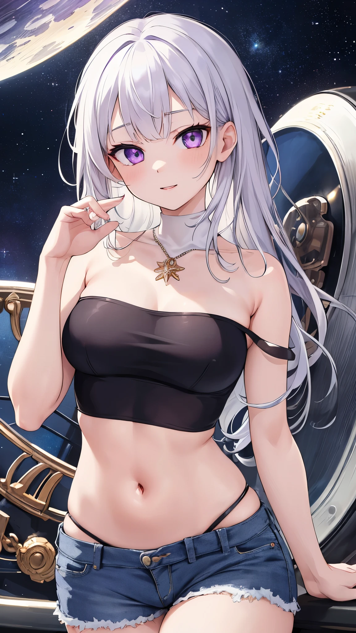 (masterpiece:1.2, best quality), (real picture, intricate details, ultra-detailed), fine, beautiful, amazing, more_details:1.5, sharp image, ultra high-resolution, raytracing, extremely detailed CG, unity, 8k wallpaper, 16k, an extremely delicate and beautiful, 1girl, purple eyes, white hair, cute face, navel, illustration, beautiful detailed eyes, perfect hand, best hand, perfect anatomy, (((tube top))), short denim shorts, large closet, starry night, gorgeous background, dynamic angle ,chinamoeka