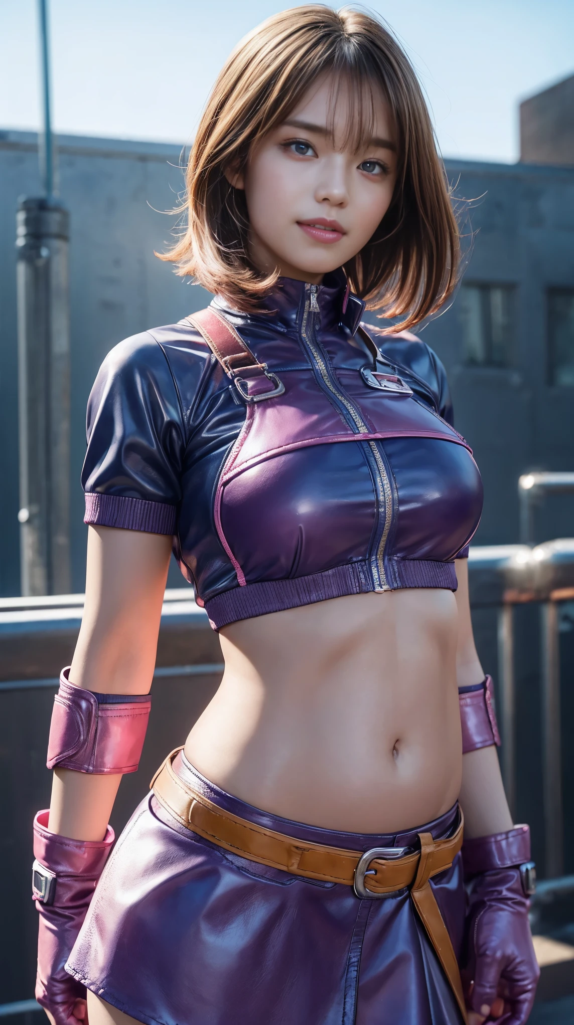 1 girl,cowboy shot, beautiful norah_Valkyrie, looking at the viewer, smile, short hair, blue eyes,heart cutout, gloves,  Jacket, pink skirt, pink belt, short sleeve, plump sleeves, single arm band, fingerless gloves, orange hair, pink gloves, dynamic pose, night, outdoors, city, (volume lighting), highest quality, masterpiece, intricate details, tone mapping, sharp focus, very detailed, Trending at Art Station, Big and slender body 