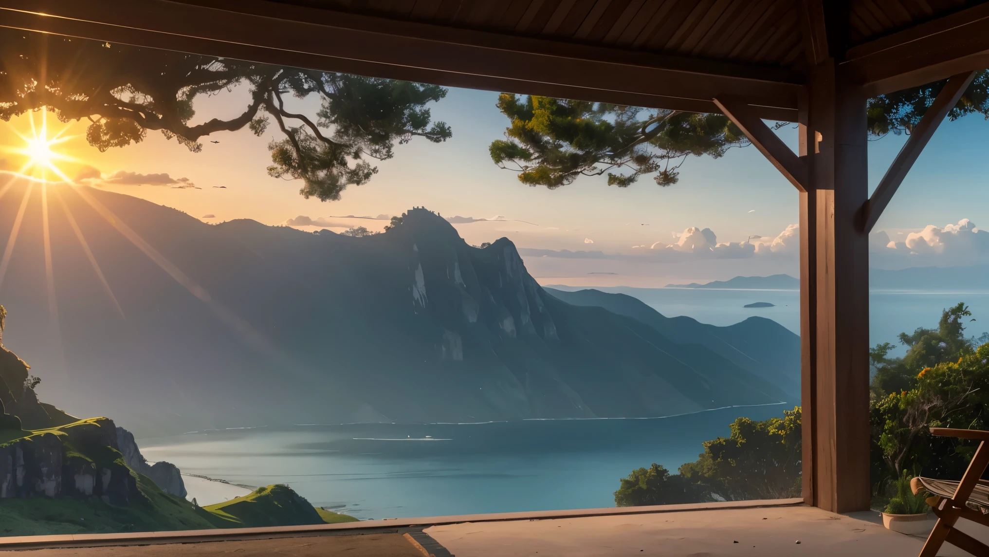 View by sitting on a beach chair placed on a high clif with sea ahead with majestic view of sun rise early morning around 6 o'clock chair is under a bigtree with nothing around just grass as far as eyes can see to the slight left in far vuew a mountain covered in snow brutallism