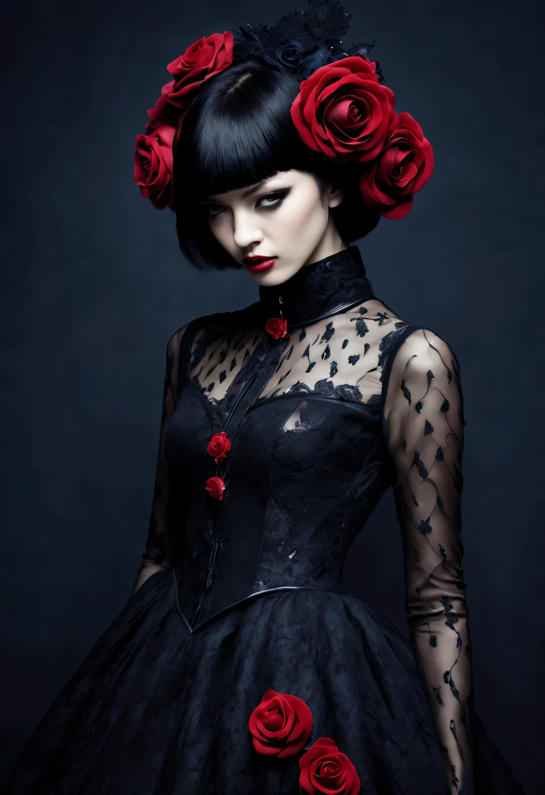 Anna Dittmann&#39;s style,,Gothic art gorgeous dress，（international fashion week fashion show performance），beautiful model，，Dream，Use the Glow Photography Style，Black色的装扮、dark色的口红和苍白的面容等，Western European classical style，devil、unpopular religion、this、Punk collar，reveal without revealing，curve，纵向thin and long，Gorgeous，Black色丝绒，fit and tight，Acute triangle，straight line，streamline，Black，red navy，dark，lace，net，PVC,eraser，leather，lace，badge，roses，thin and long，华丽curve，Religious elements。reveal without revealing，sharp corner shape，
background：Methisval castle style design of indoor catwalk