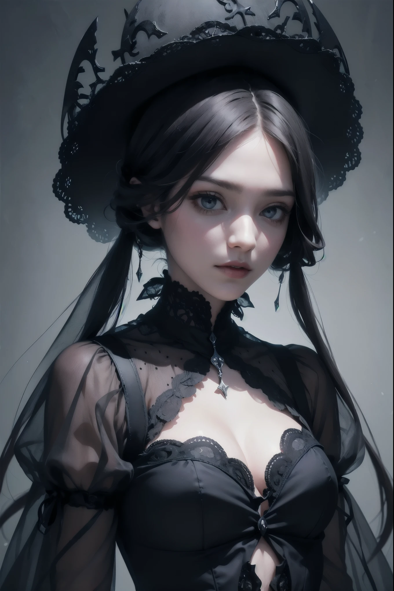 Unity 8k wallpaper, super detailed, beautiful, masterpiece, aesthetic, best quality, darkness, atmosphere, mystery, romanticism, creepy, literature, art, fashion, victorian, decoration, intricacies, ironwork, lace, contemplation, emotional depth, supernatural, 1 girl, solo, elaborately designed gothic clothes, mysterious gothic outfit, mysterious atmosphere background, AI-generated, transparent gothic clothes,