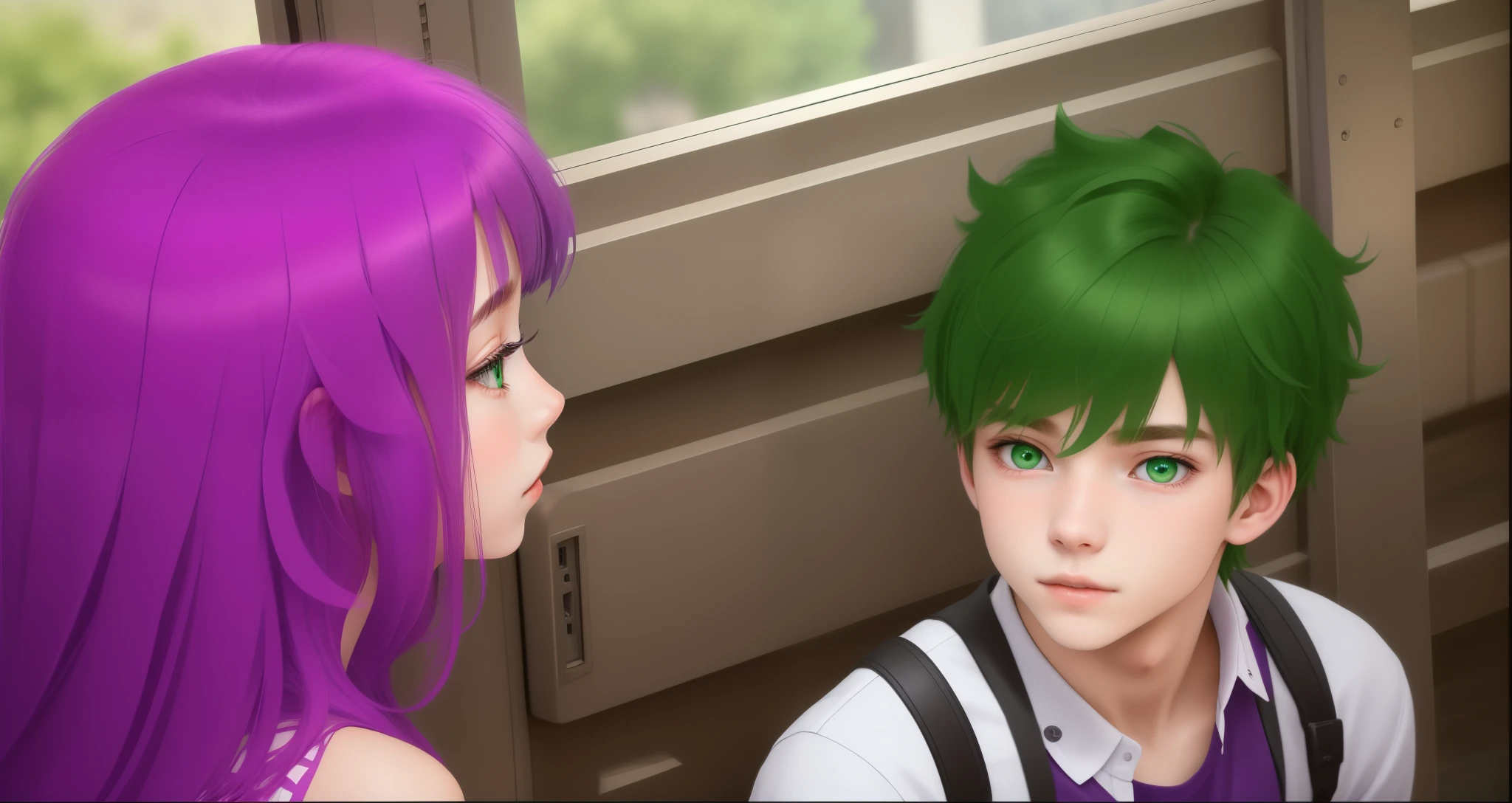 There is a beautiful 17-year-old girl with purple hair and a cute 18-year-old male boy with green eyes and hair.