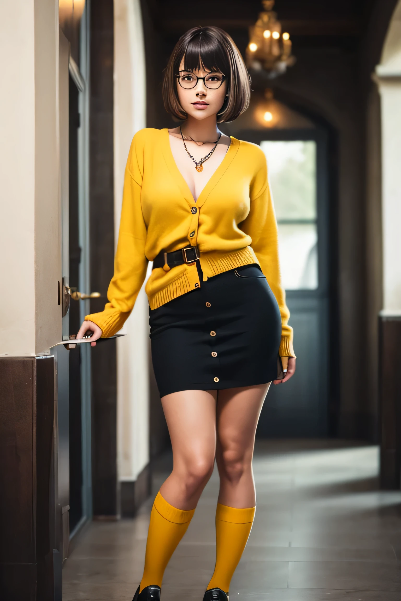 ((masterpiece, best quality, ultra-detailed, ultra-HD, photorealistic, cinematic)), (wide camera shot, full body view:1.5), (sensual pose, standing), (alluring and voluptuous female as Velma Dinkley:1.2), perfect anatomy, perfect face, proportioned hands, (deep shade of auburn with a slight natural wave hair color, chin-length bob with blunt bangs hairstyle:1.3), (retro-chic style outfit, knee-length and maroon turtleneck dress:1.2), (a matching maroon belt that cinches at her waist:1.2), (thick-framed black square glasses), (wears knee-high, mustard-yellow socks that peek out just above her brown, sensible lace-up shoes), (sports a delicate, gold pendant necklace), (vibrant orange cardigan slung over her shoulders), ((dynamic background))