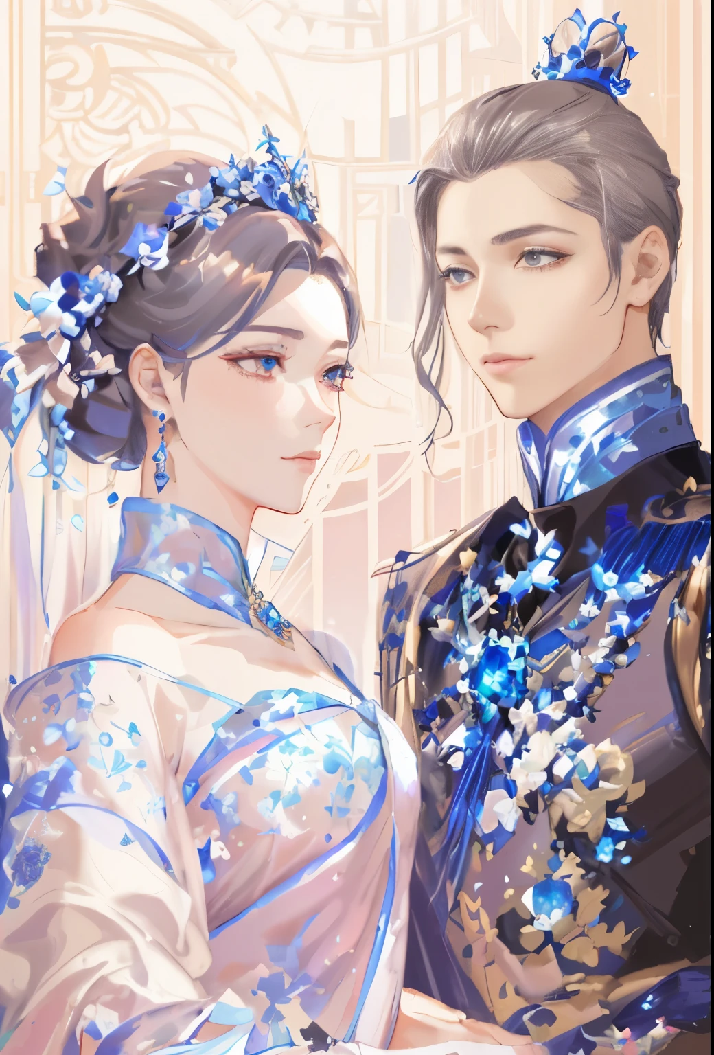 close-up of a couple of people in a dress, work in Guweiz style, The Three Futuristic Princes, Imperial Royal Elegant Clothing, very detailed exquisite fanart, beautiful androgynous prince, beautiful drawing of the characters, Royal portrait, Royal portrait painting, Imperial Portrait, gentle androgynous prince, bowwater style, elegant digital painting