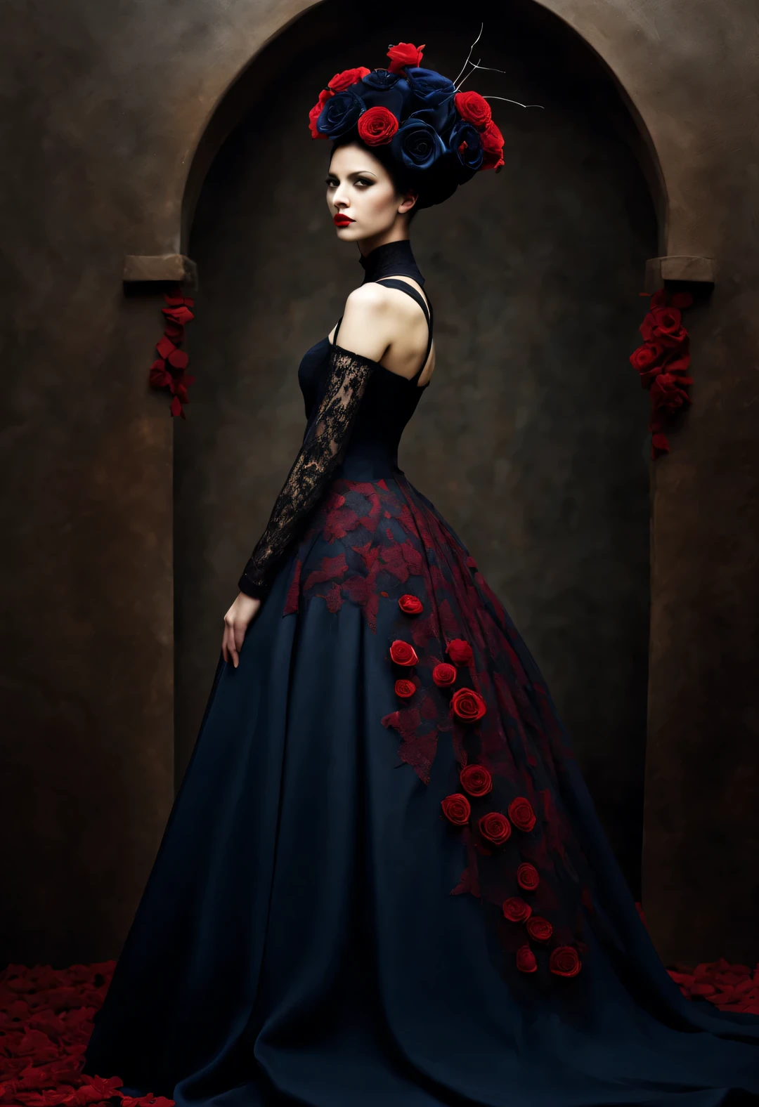 in the style of christian schlow, Gothic art gorgeous dress，（international fashion week fashion show performance），beautiful model，，Dream，Use the Glow Photography Style，Black色的装扮、dark色的口红和苍白的面容等，Western European classical style，devil、unpopular religion、this、Punk collar，reveal without revealing，curve，纵向thin and long，Gorgeous，Black色丝绒，fit and tight，Acute triangle，straight line，streamline，Black，red navy，dark，lace，net，PVC,eraser，leather，lace，badge，roses，thin and long，华丽curve，Religious elements。reveal without revealing，sharp corner shape，
background：Methisval castle style design of indoor catwalk