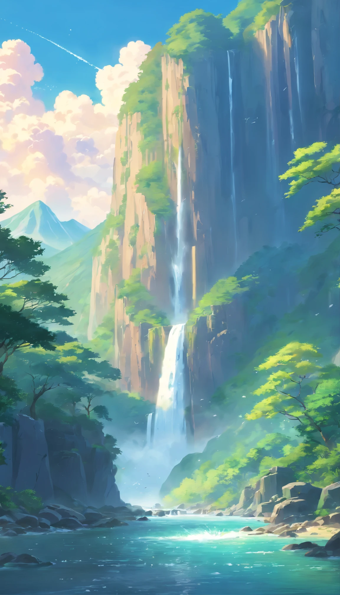 Mountains with waterfalls and a few trees in the foreground, Impressive fantasy landscapes, epic landscapes, Fantasy Matte Painting，Cute, fantasy art landscape, The most majestic scenery, 4K HD Matte Digital Painting, Epic Fantasy Landscape, 4k highly detailed digital art, epic dreamlike fantasy landscape, Epic landscapes, 4K Matte Painting, ros tran. scenic background