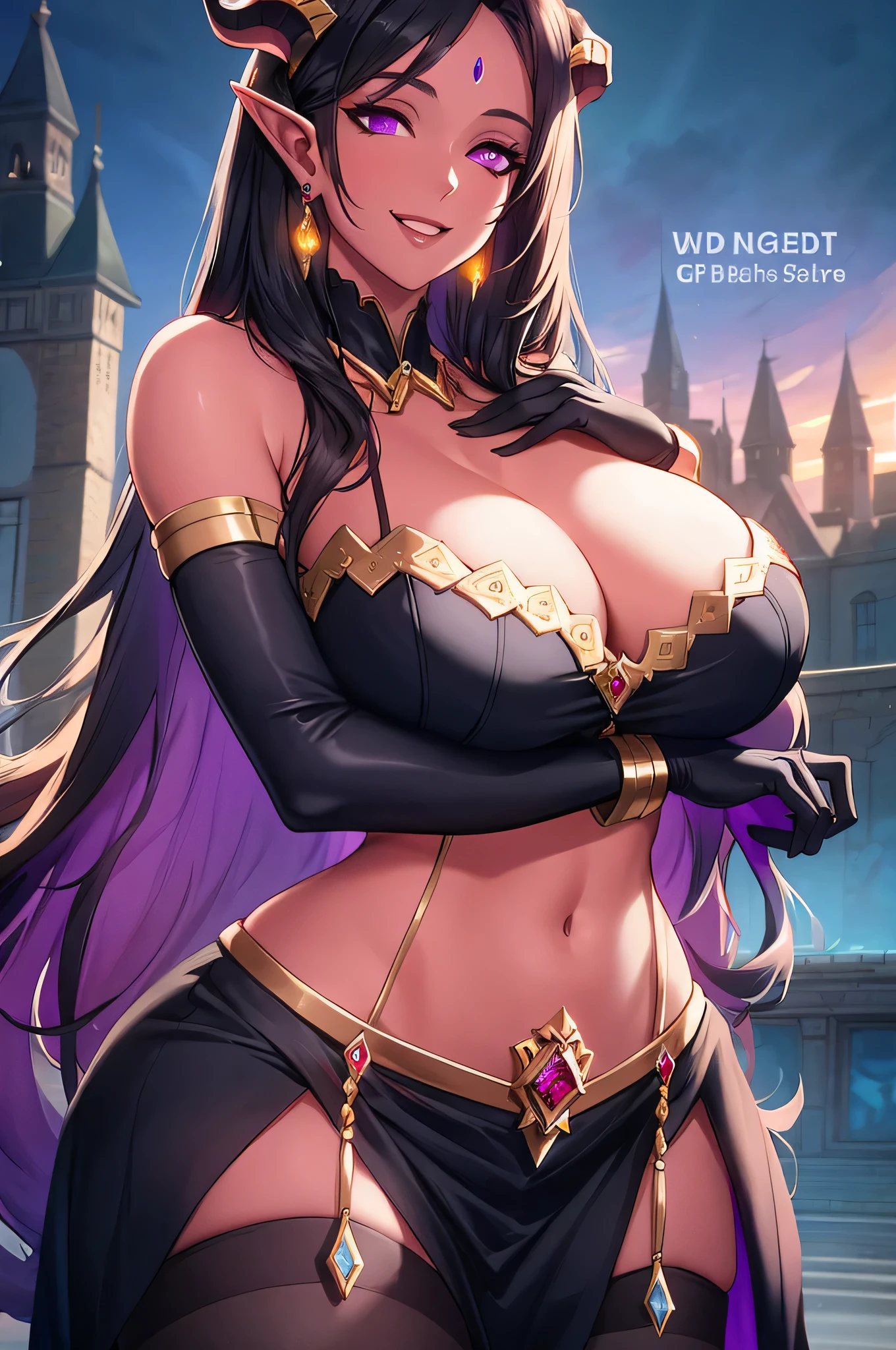 eredar, long black hair, long elf ears, horns, colored skin, red skin, hair stick, bangs, violet eyes, solo, smiling, standing, upper body, hips, bare shoulders,purple thighhighs,black dress, gold jewelry,armor,gloves,circlet, cleavage, red and gold royal castle, gigantic breasts, (best quality, masterpiece, beautiful and aesthetic:1.2, highest detailed face, perfect face,)  eyes, perfect face,expressive eyes,
looking at viewer, in the center of the image,(Upper_body),(Focus on her face),
official art,extremely detailed CG unity 8k wallpaper, perfect lighting,Colorful, 
(masterpiece:1.0),(best_quality:1.0), ultra high res,4K,ultra-detailed
