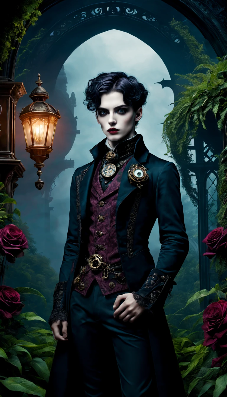 (gothic aesthetic,Victorian-inspired,steampunk,dark,romantic,haunting,) In a dark, mysterious setting, a boy with a Victorian-inspired outfit stands in a gothic garden. He has beautifully detailed eyes, with long eyelashes that draw attention. Her lips are also detailed, adding to her alluring presence. The bouy's face is extremely detailed, with delicate features that showcase her elegance. He exudes a sense of mystery and romance. The garden is filled with lush, overgrown vegetation, creating a haunting atmosphere. The plants are intertwined with mechanical elements, giving the garden a steampunk twist. The sky above is a deep, dark blue, complementing the gothic ambiance. The artwork is of the highest quality, with intricate details that can be seen even at the highest resolution, such as 4k or 8k. Every element is captured with ultra-detailed precision, creating a realistic and photorealistic feel. The lighting is reminiscent of studio lighting, with dramatic shadows that enhance the mysterious vibe of the scene. The colors used in the artwork are vivid, with a color palette that leans towards dark and moody tones. Shades of deep red, purple, and black dominate the image, adding to the gothic aesthetic. The overall color scheme contributes to the haunting and romantic atmosphere. In this gothic-inspired scene, the combination of Victorian elements, steampunk influences, and dark aesthetics creates a captivating visual experience. It transports the viewer to a world where technology merges with the elegance and mystery of the Victorian era, fueling the imagination with endless possibilities.