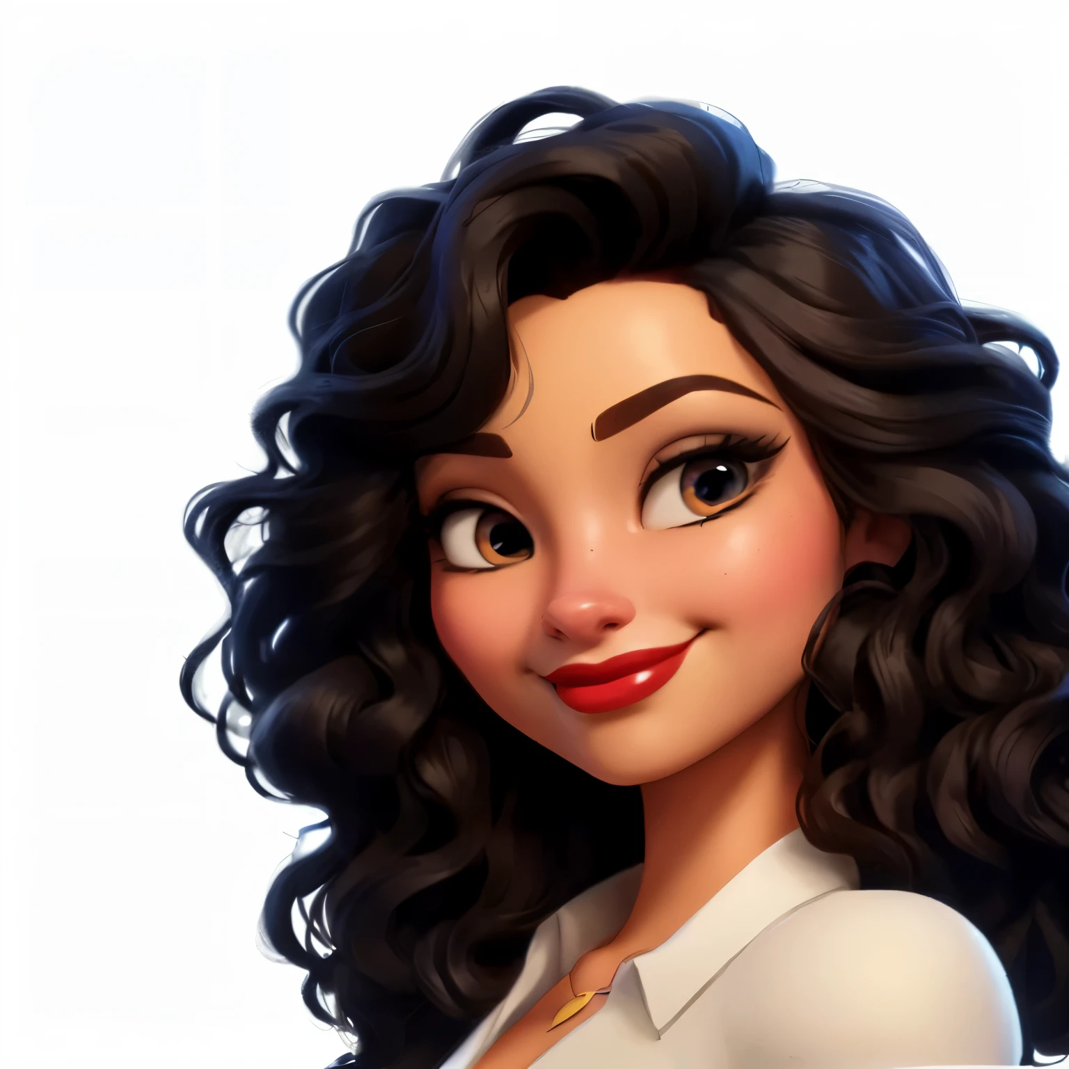 create variations of this attached image a close up of a Personagem de desenho animado with a red lipstick, arte oficial do personagem, disney rendering, official rendering, arte oficial, pele latina, personagem fortnite, as a personagem fortnite, estilo de personagem da Disney, design de personagens de alta qualidade, artista da disney, Personagem de desenho animado, high quality topical rendering, her black hair is long and curly, official office background character illustration, personagem de perto e de longe
