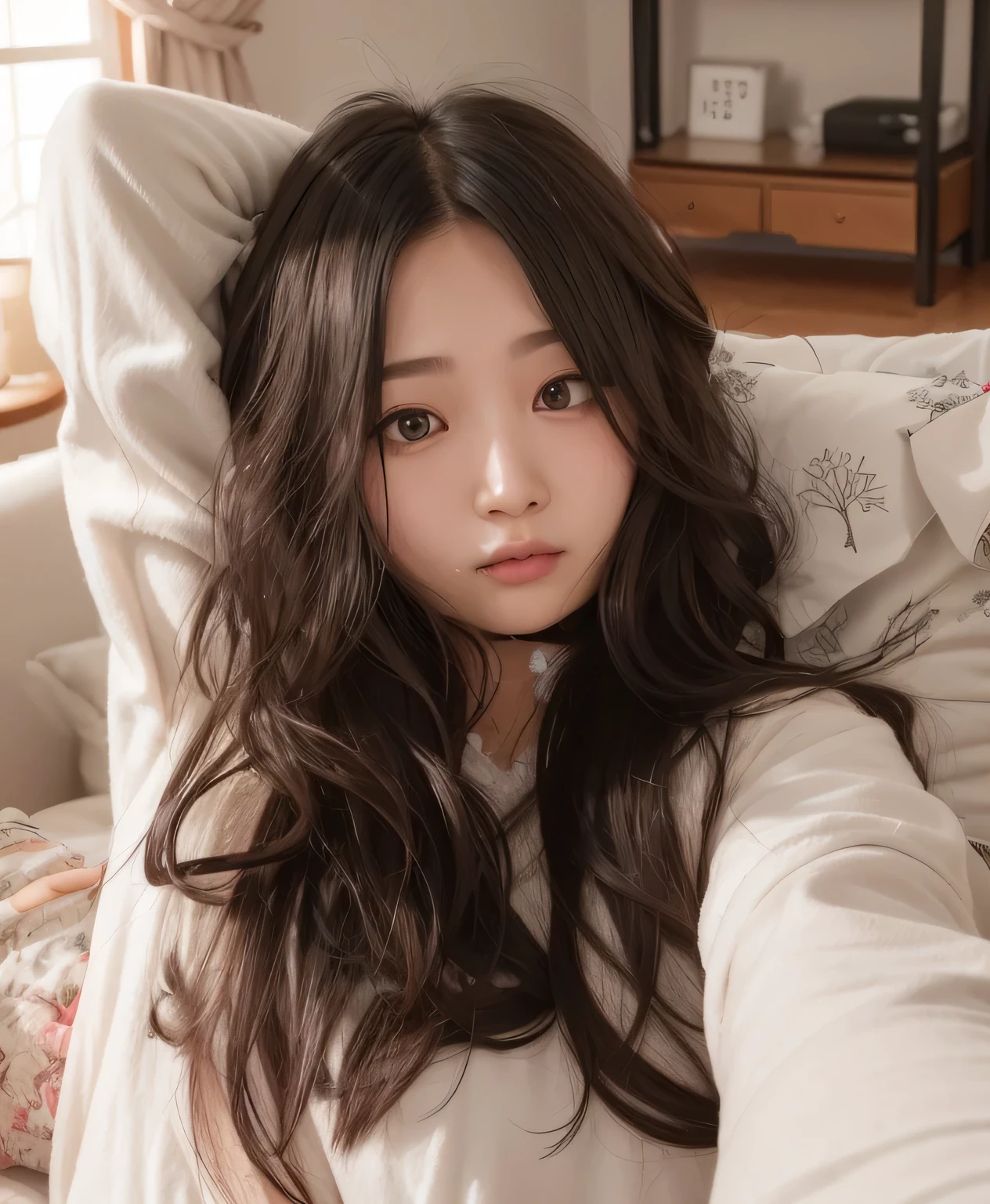 there is a woman long hair posing for a picture, Urzan, long hair, Nam Jae Hwa, jinyoung shin, Tzuyu from Twice, korean girl, asian girl long hair, 大眼睛和飘逸的long hair, cute korean face, long black curly hair, loose wavy hair, 齐刘海long hair