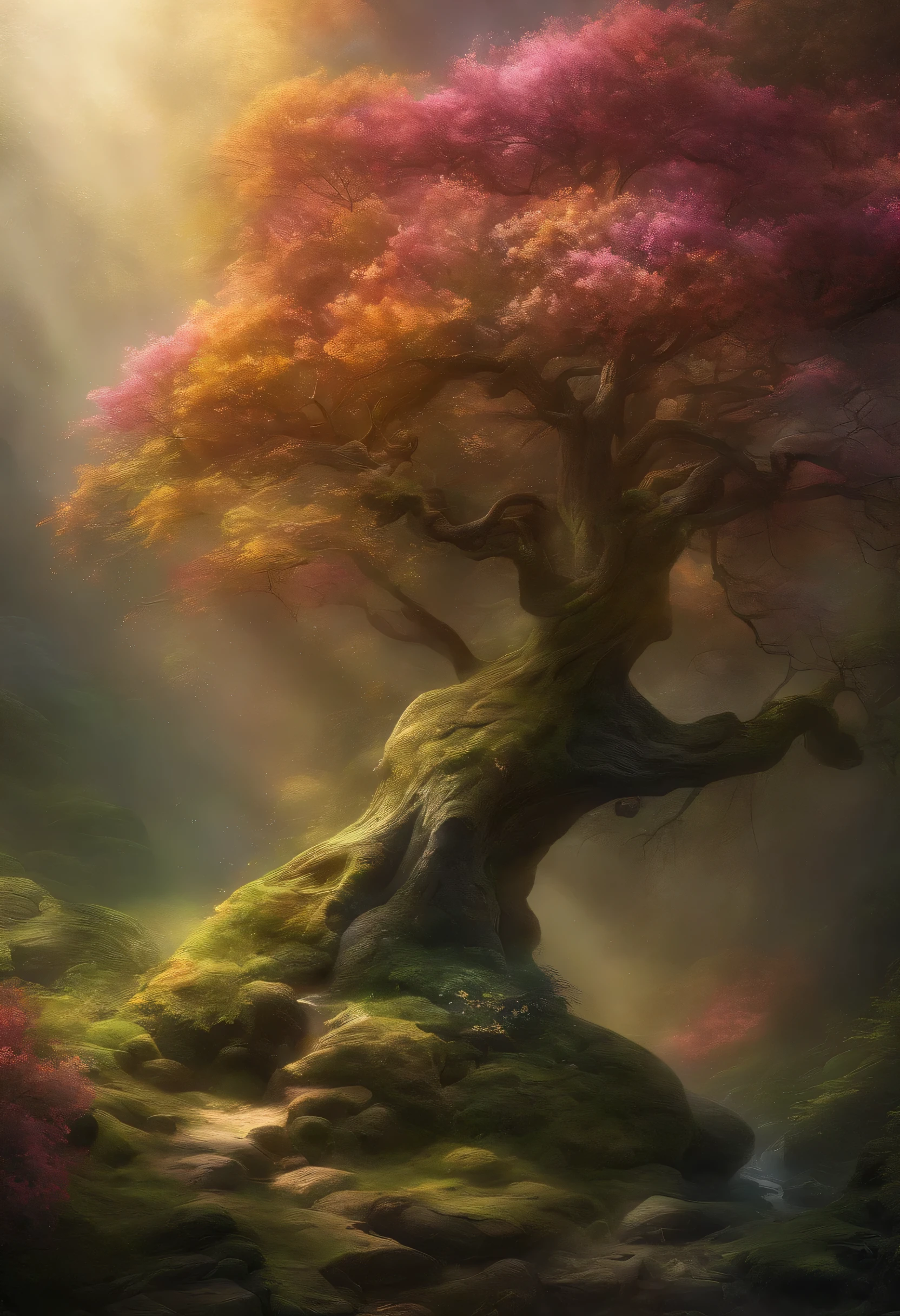 A Dreamy tree of art in a bottle, flauschige, Realistisch, Fotos, Kanon, Dreamy, artistic, bright leaves and branches, with flowers over my head. Greg Rutkowski's ultra-detailed photorealism – H1024W 804 | F16 Objektivmarkierungen 2:2S 3555 mm Filmpartikel: 1 Lebensechte, high resolution. Scharfer Fokuskontrast!! The complex and detailed atmospheric refraction lighting of the Unreal Engine 5 film concept photography masterpiece, Oktan, rendert Trends auf CGSociety