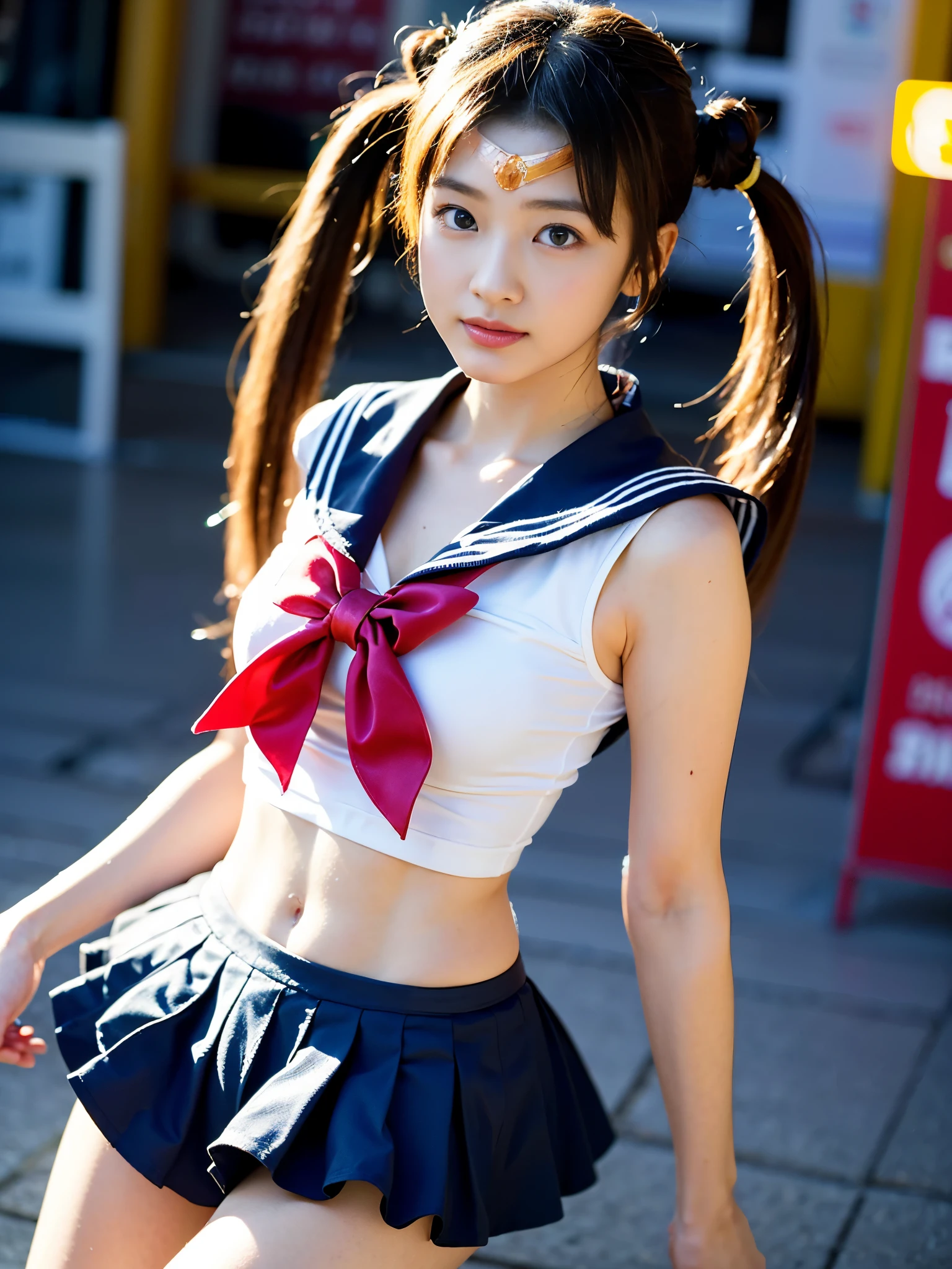 hight resolution、high-level image quality、in 8K、Real live-action、Raw photography、top-quality、masterpiece、超A high resolution、Raw photo、ren、Beautiful fece、masutepiece、((Obscene content))、For adults、charm of 、absurderes、((((Japanese super fashion model)))、((Slender face:1.2))、Cute little face、((Glowing face))、((((An incident that made my cheeks turn red、Puff out cheeks)))))、((thin body shape:1.5))、((lean body:1.5))、(((height 180cm:1.3、tall)))Smaller chest、kne、 Narrow thighs、report、fullllbody、Very nice、((Sailor Moon Costumes:1.5))、 Lifting Pleated Mini Skirt、((Pubic area))、Pubic area、(Mansuji)、White panty、Dancing:1.5、(Photorealsitic:1.37)、Photon mapping、Realistic、Radio City、Physically Based Rendering、depth of field rally background、a picture、(((a junior idol in Japan)))、Sparkling eyes、shiny lip、too bright natural light、The Bright Sun、Too bright sunlight、Looking at the camera、((blond))、((2 hair buns:1.5))、((very long straight twintail hairstyle:1.5))、(((Fulll body Shot:1.5)))、((kne))、((during daytime))、((Sunshine:1.5))